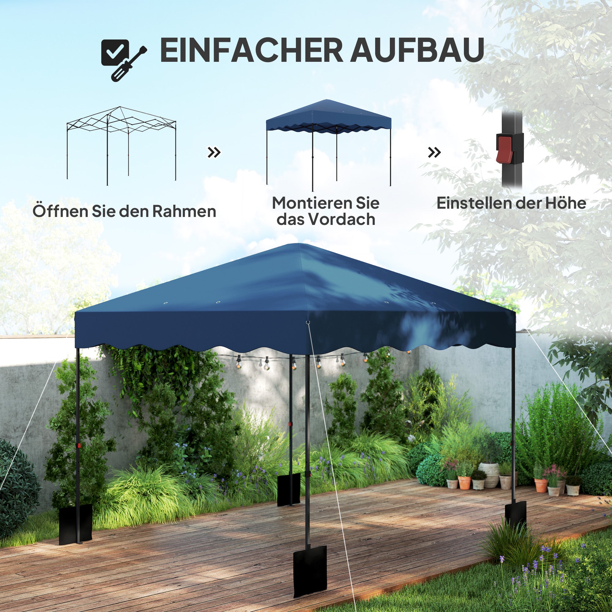 Gazebo 3x3m Pop-Up, Water-Repellent, UV Protection 50+, Dark Blue