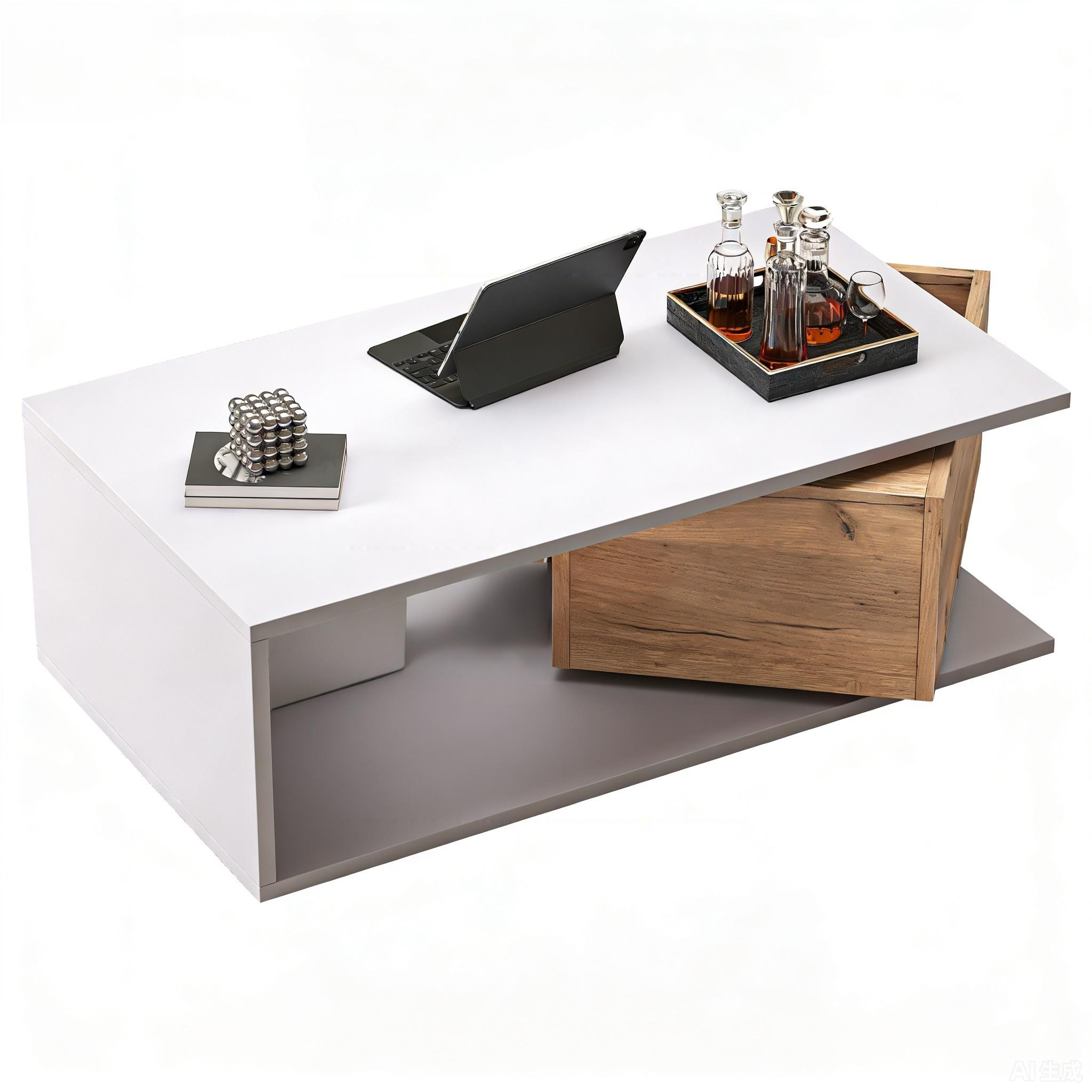 Coffee Table 90x50x30cm, 360° Rotating Drawer, High-Gloss, White + Wood Color