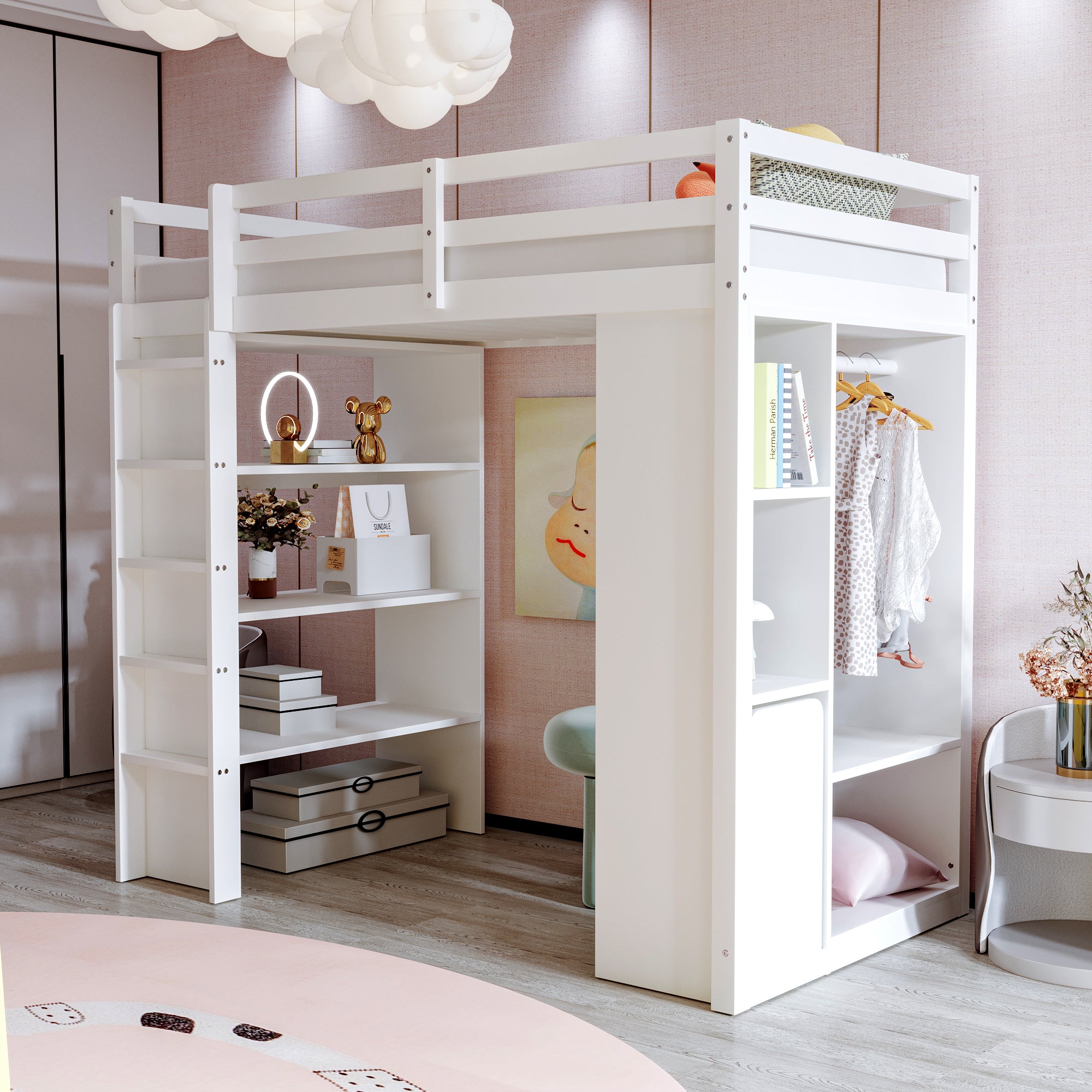 Children's Loft Bed, Multi-Level Shelves, Hangers, Storage, Removable Trolley, 90 x 200 cm, White