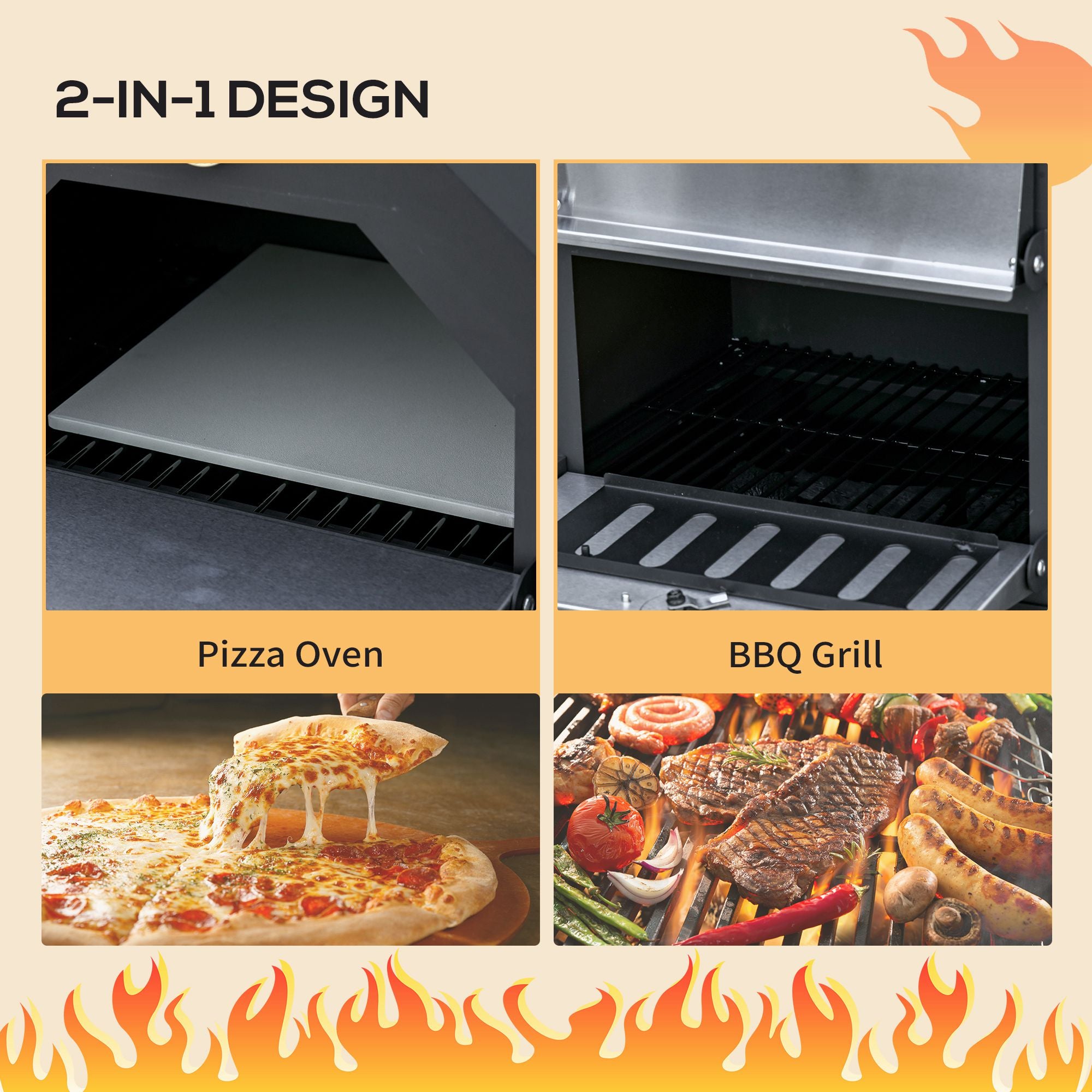 Outdoor Garden Pizza Oven Charcoal BBQ Grill 3-Tier Freestanding w/ Wheels Stainless Steel