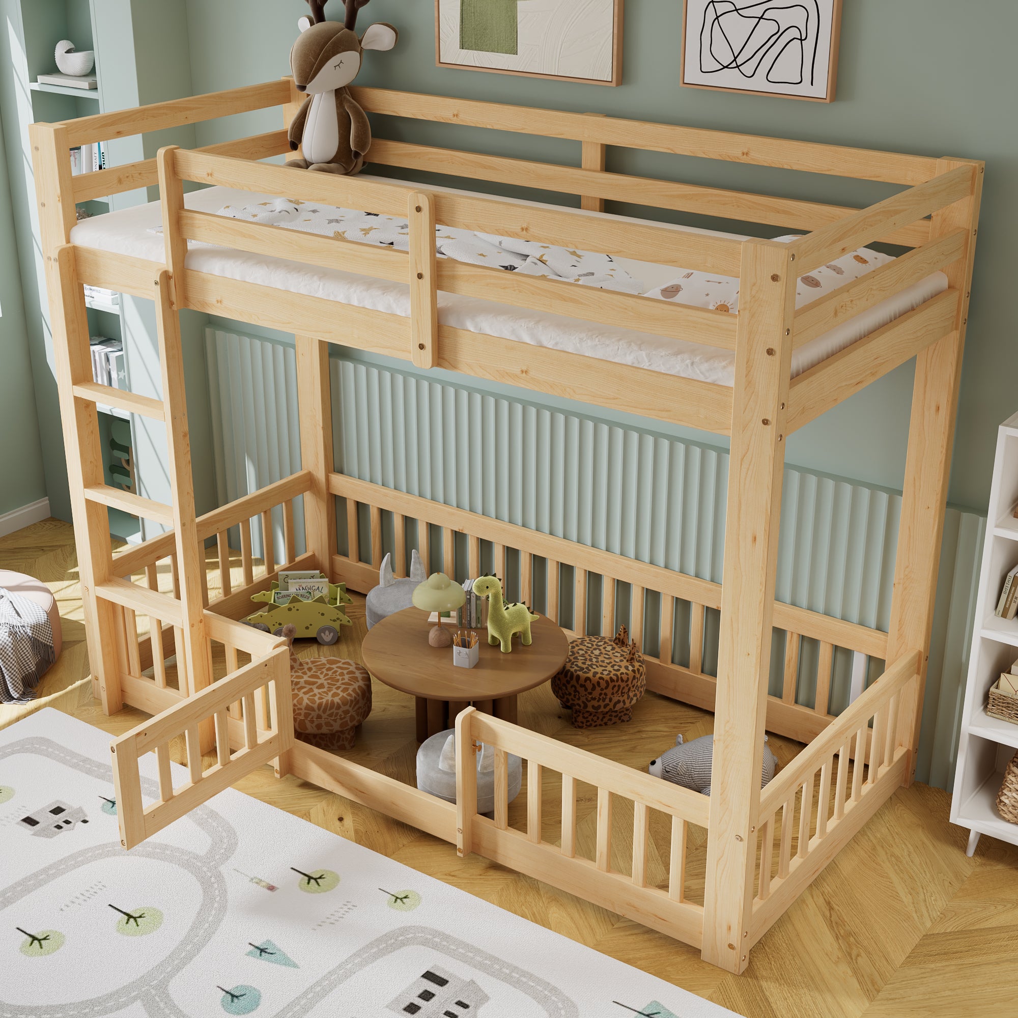 Bunk Bed, Wooden with Stairs, Railing, Fall Protection, Pine