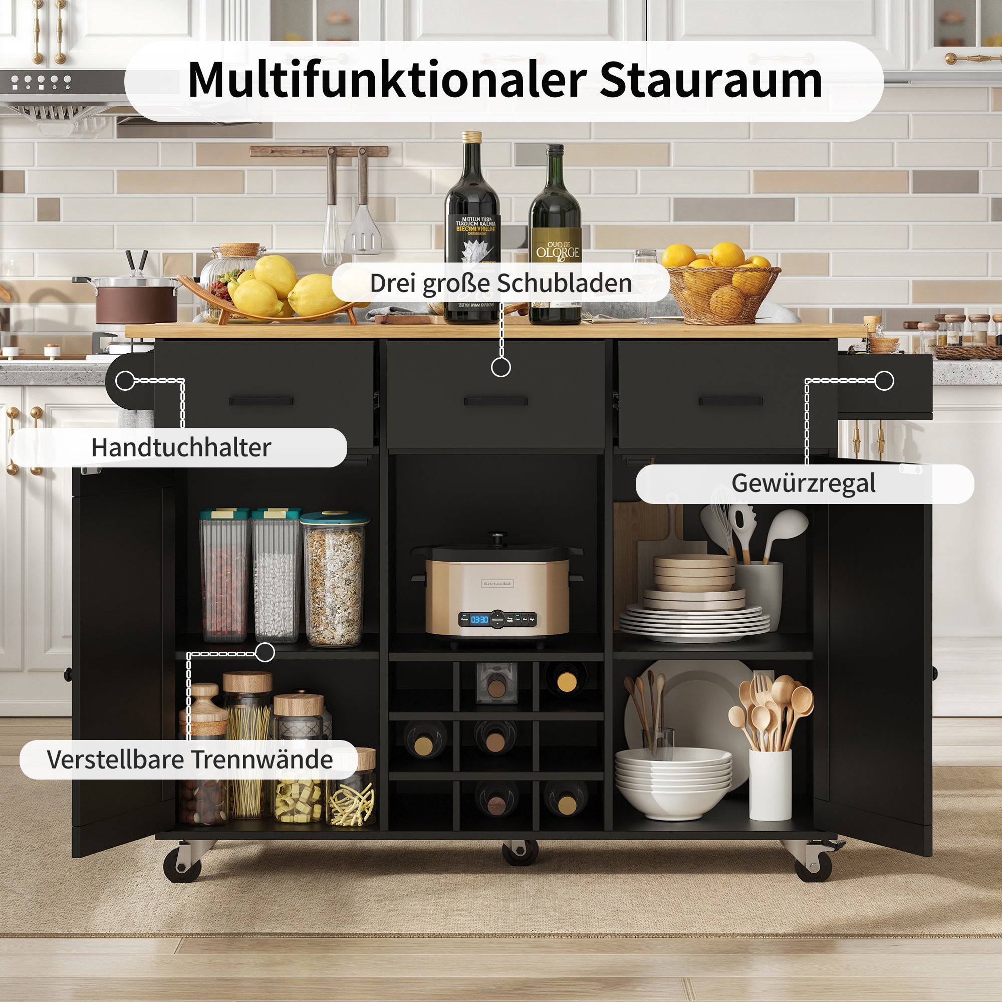 Dining Trolley Mobile Removable Worktop Spice Rack Adjustable Storage - Wood Grain Black