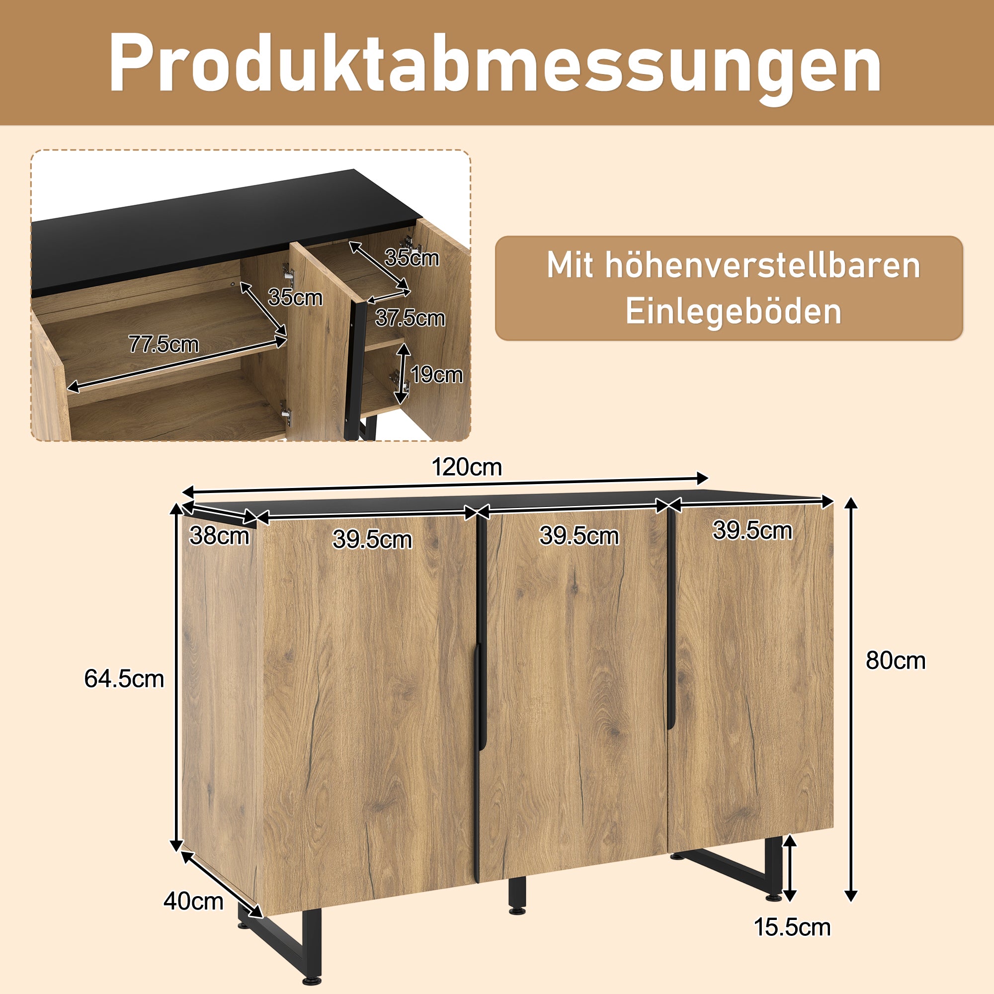 Sideboard, Retro with Integrated LED Lighting, Freestanding, Adjustable Shelves, Stylish Design