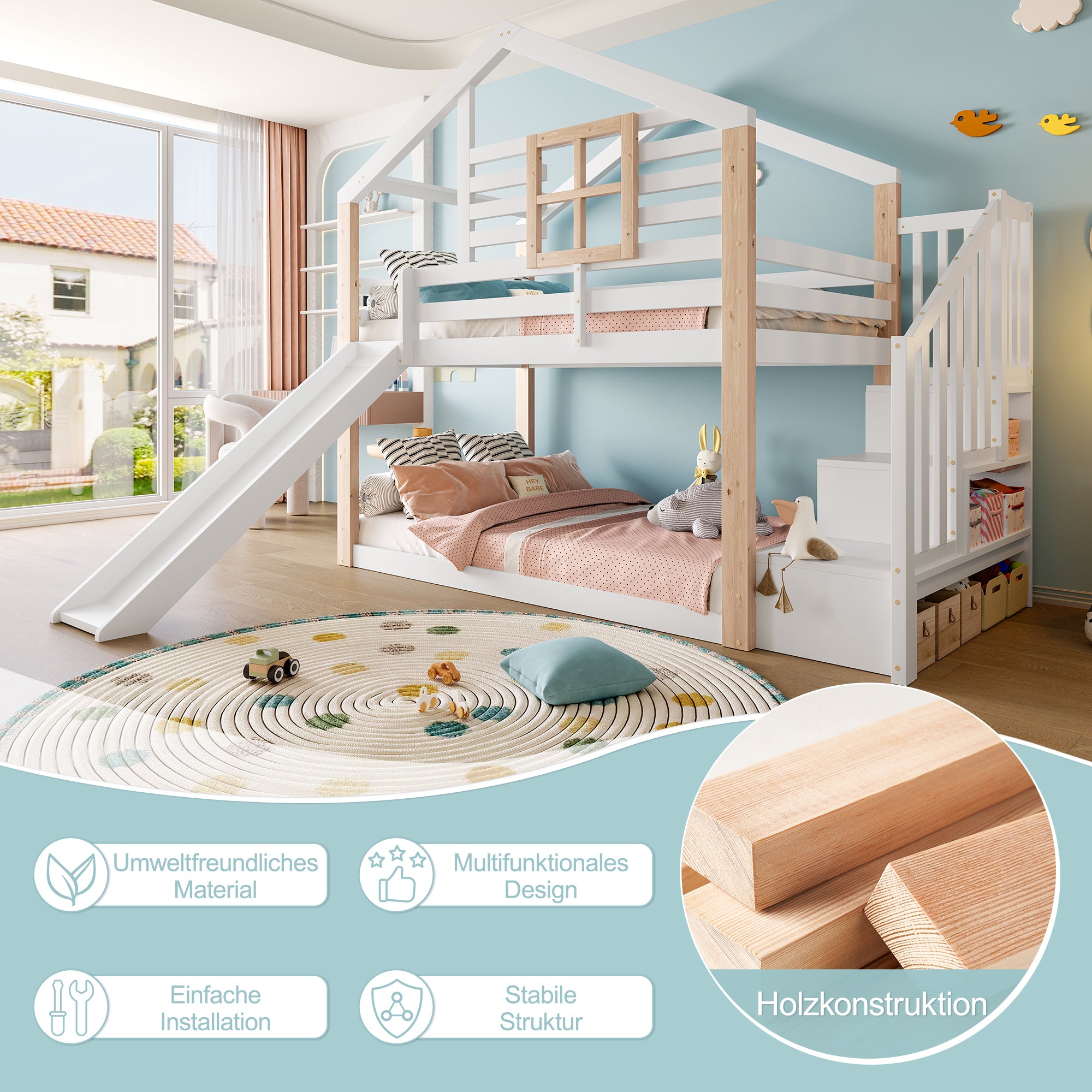 Children's Bunk Bed Slide Stairs Storage - Solid Wood Scandinavian Style