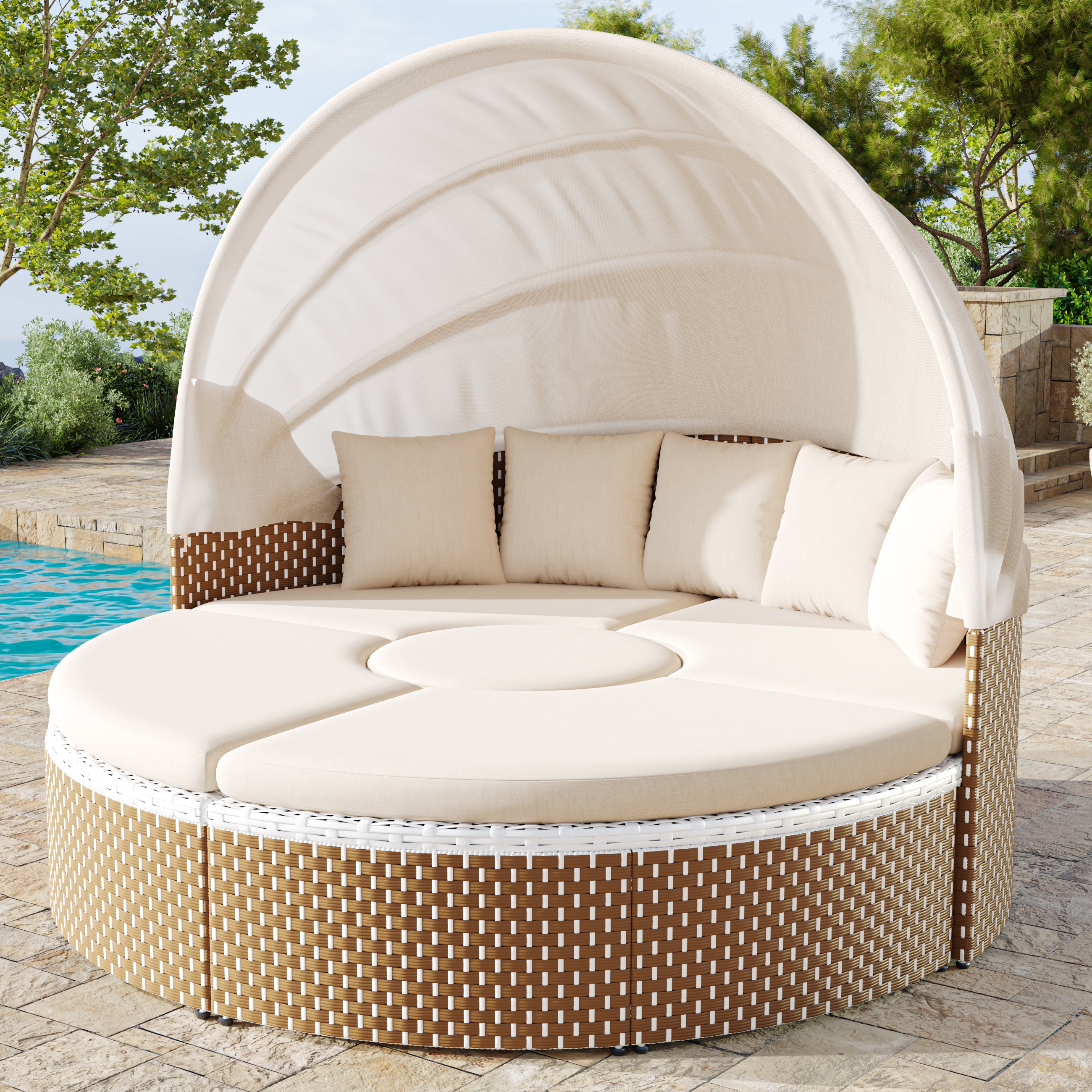 Sun Island Garden Lounge Set Rattan Extendable Canopy Liftable Table Beige