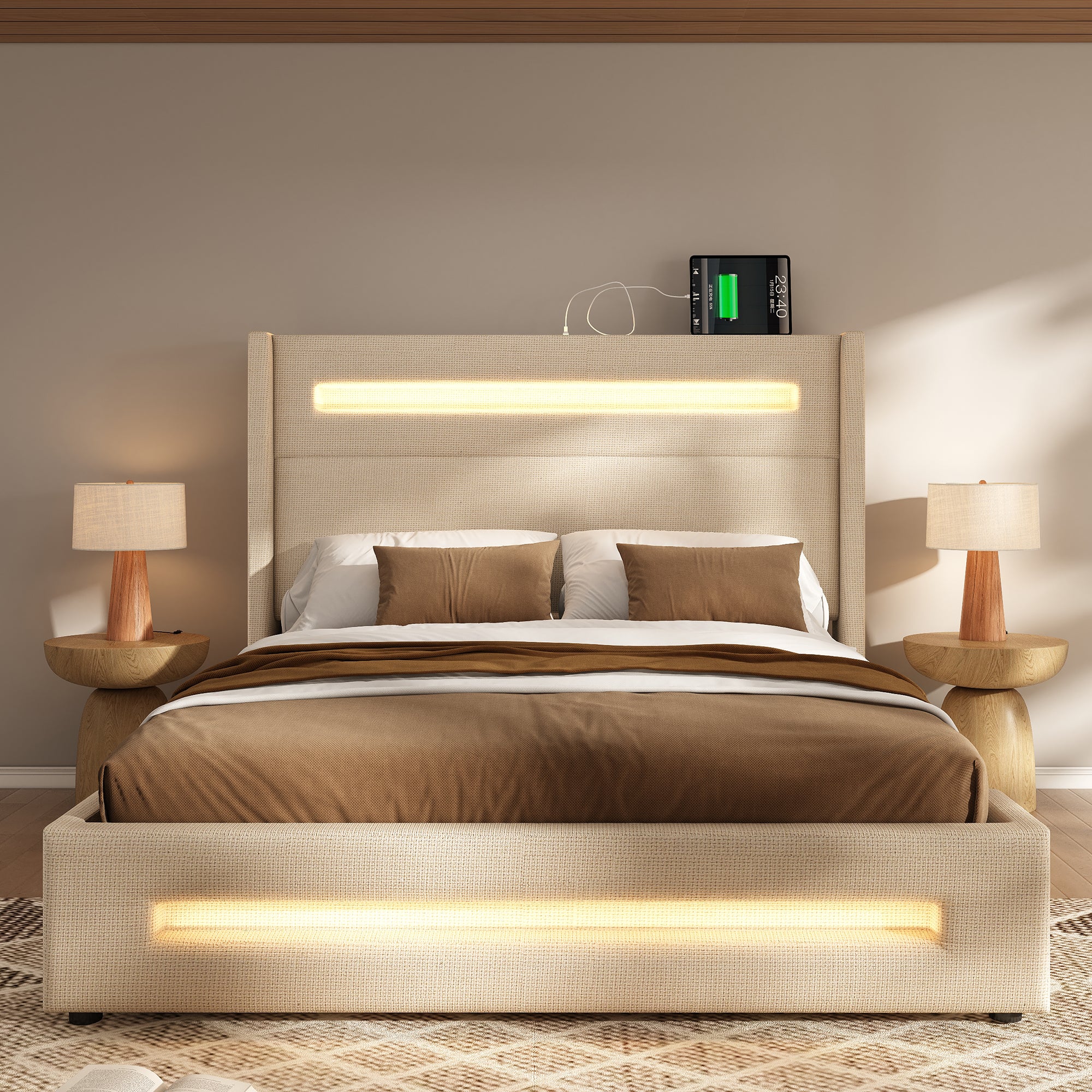 Upholstered Double Bed 140x200 cm, LED, Hydraulic Storage, USB-C, Metal Frame, Beige Linen