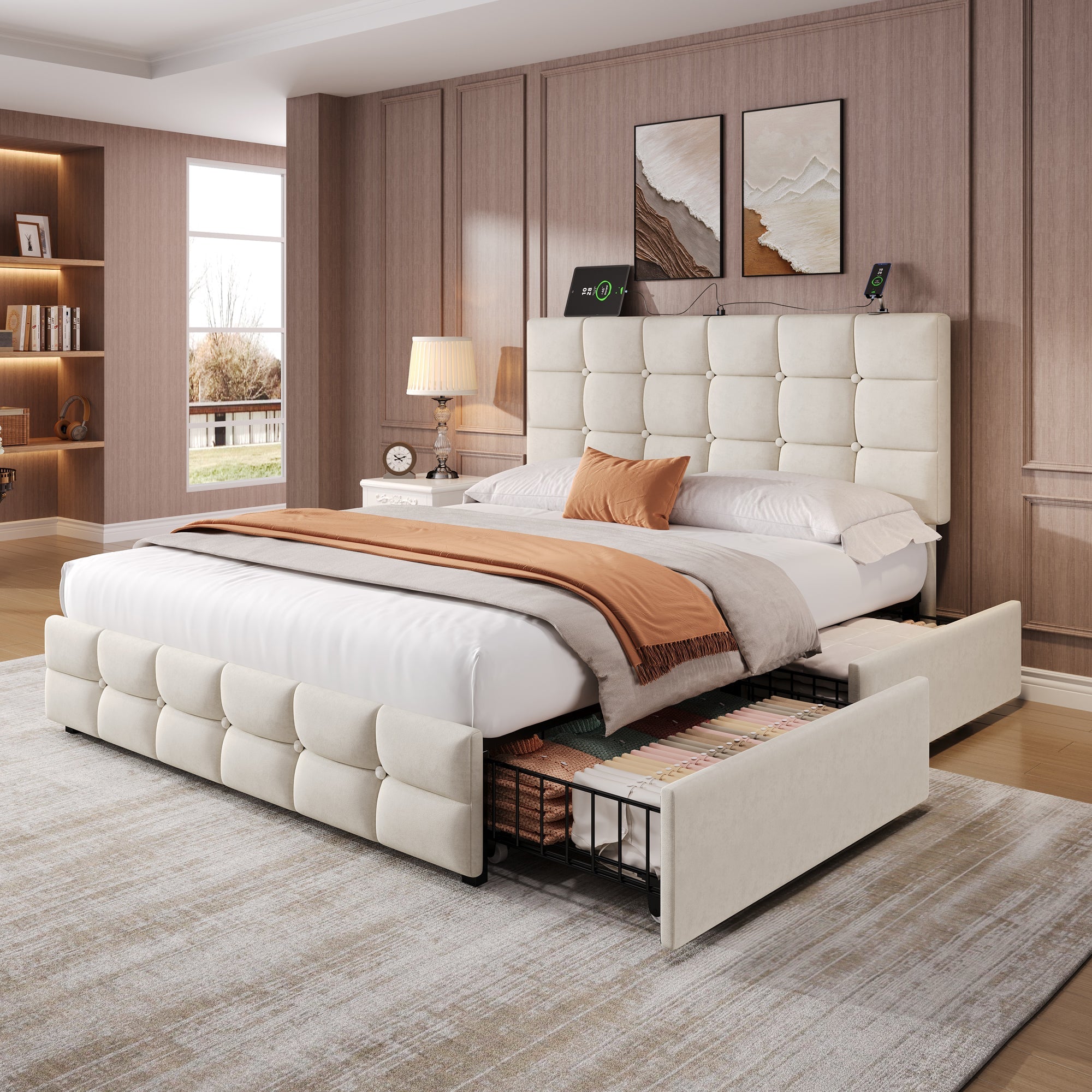4ft6 Double Upholstered Bed with 4 Storage Drawers & Charging Station, Adjustable Button Tufted Headboard, Beige Velvet