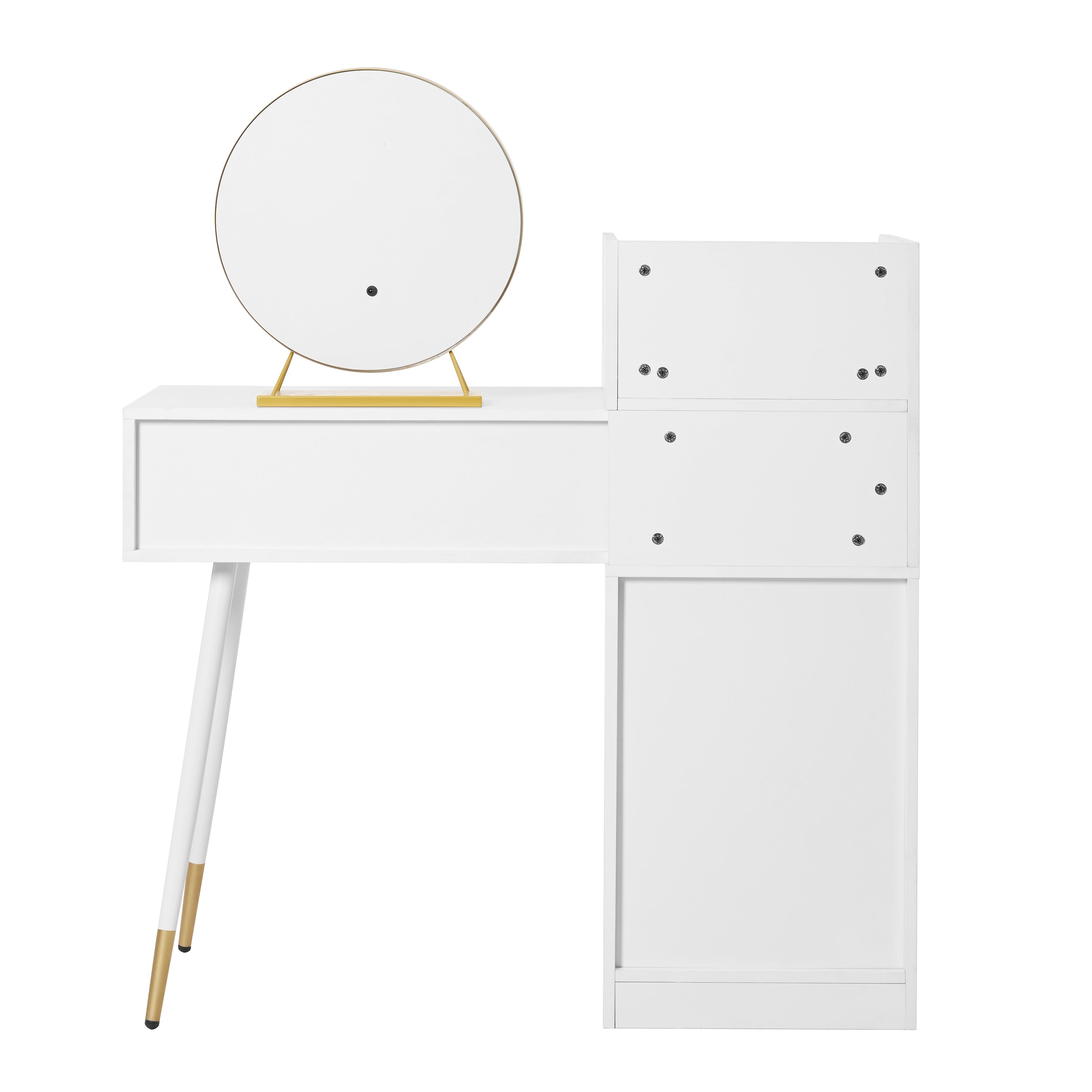 Dressing table with extendable tabletop, 6 drawers, gold handles, LED mirror, dimmable light, white