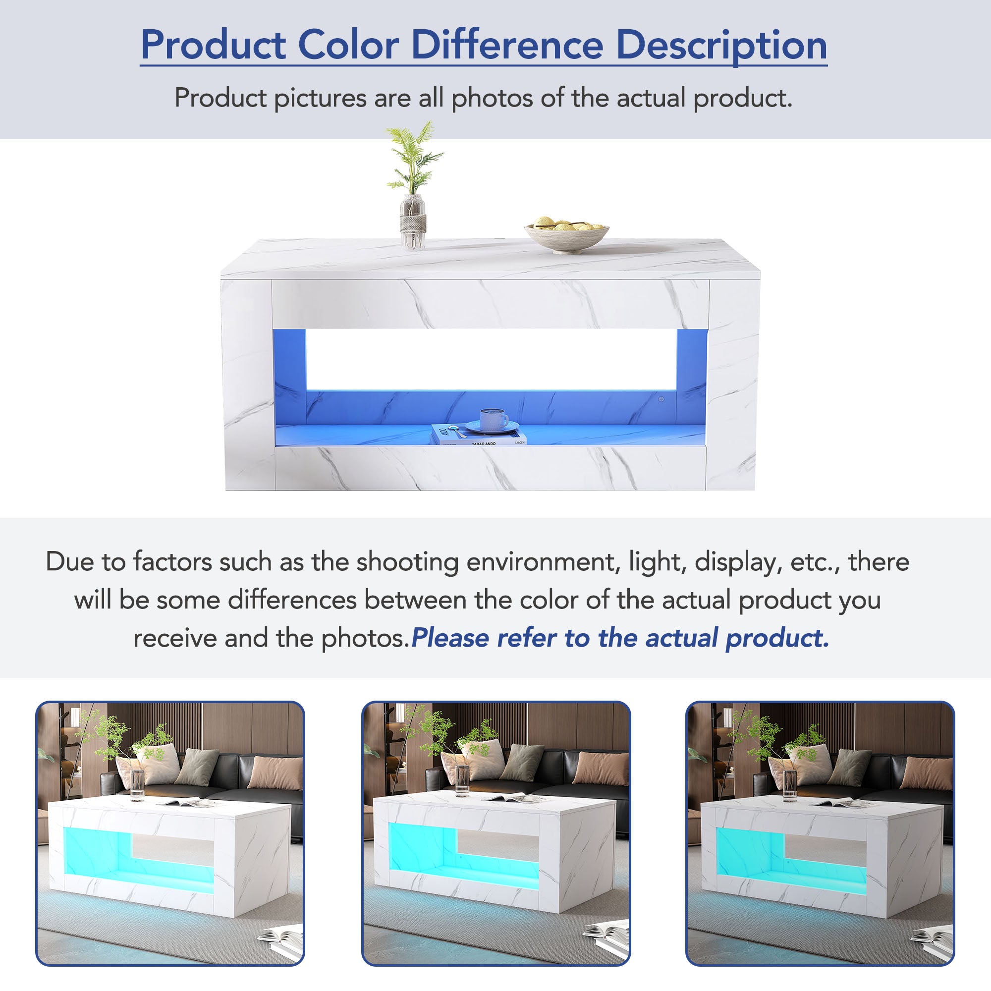 LED Coffee Table High-Gloss Remote Control Marble Print - White