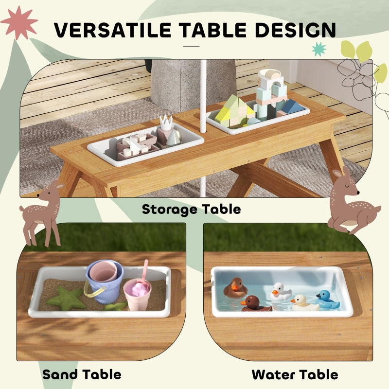 Kids Picnic Table, Sand/Water Table with Benches, Parasol & Storage Bins, Multicolor Wood