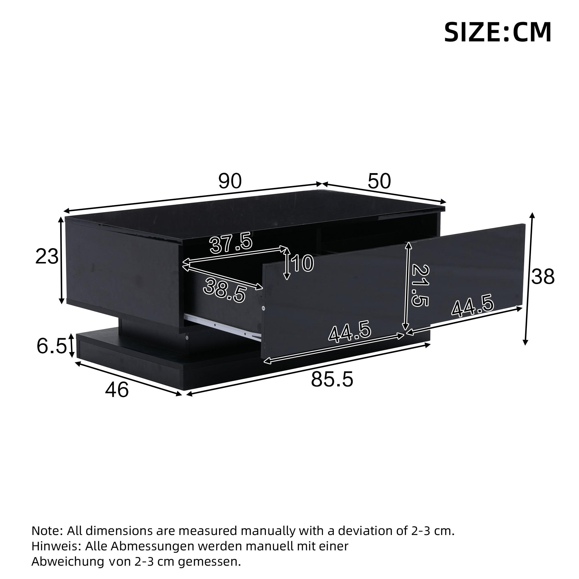 Coffee Table, High-Gloss with 2 Drawers & LED Lighting, Black