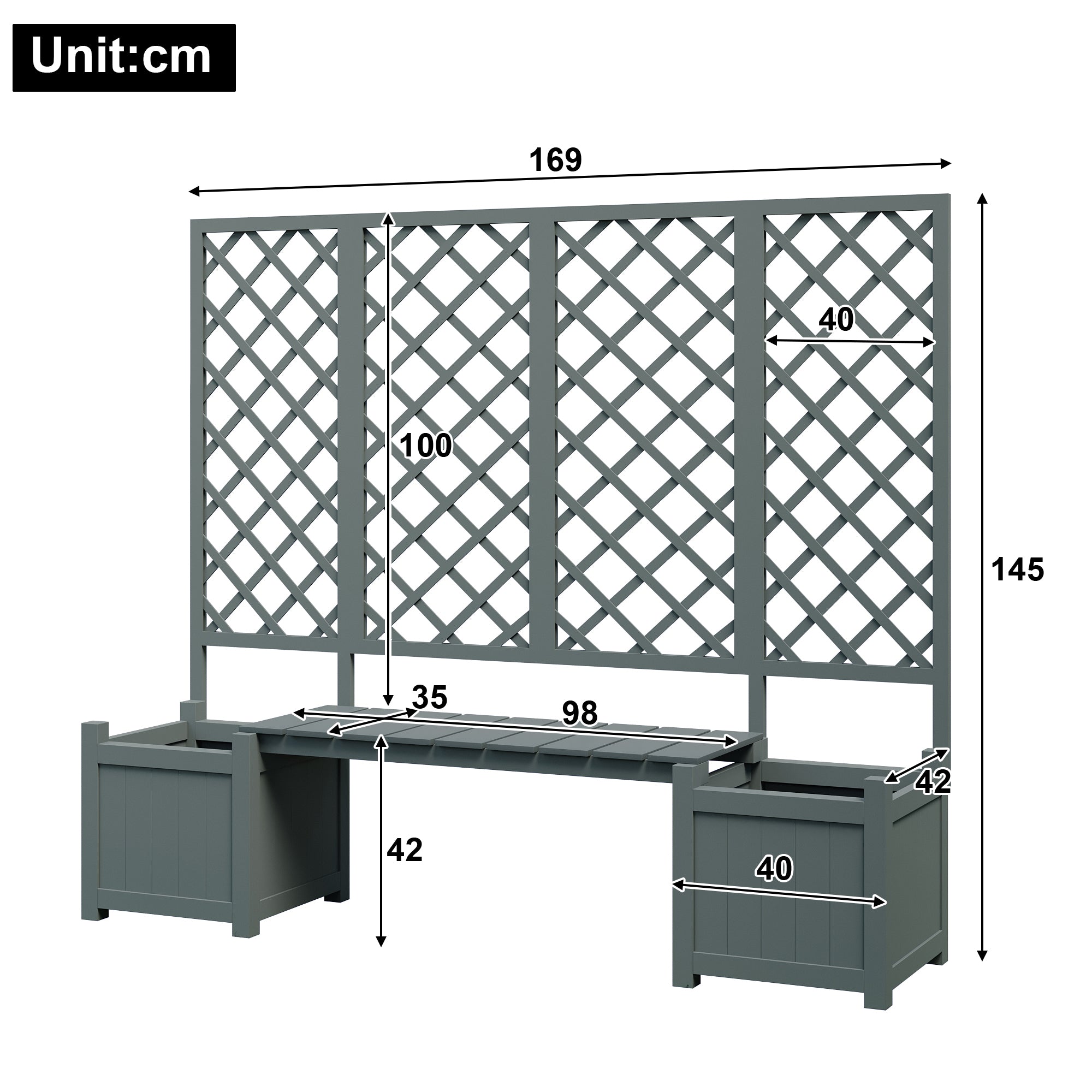 Planter Box with Trellis and Seating - Solid Grey Fir