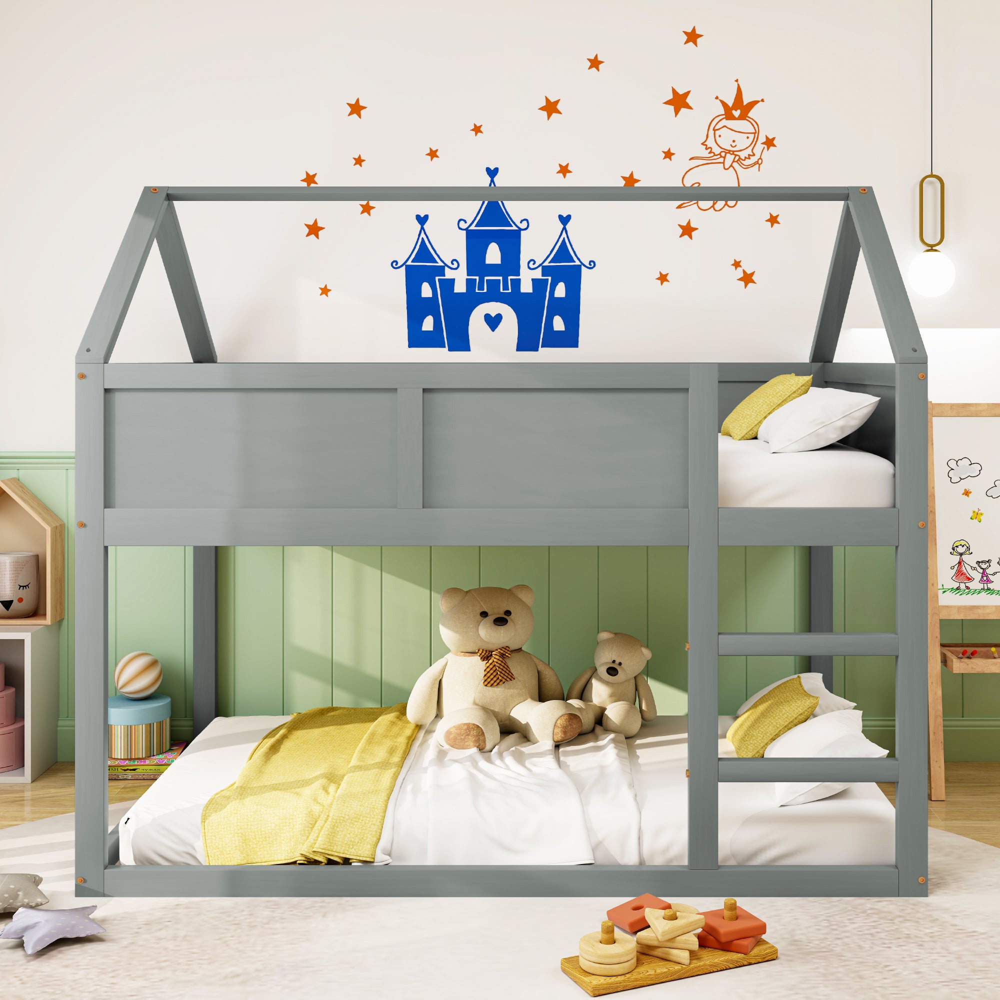 Bunk Bed, Low Single with Stairs, Solid Wood, Grey