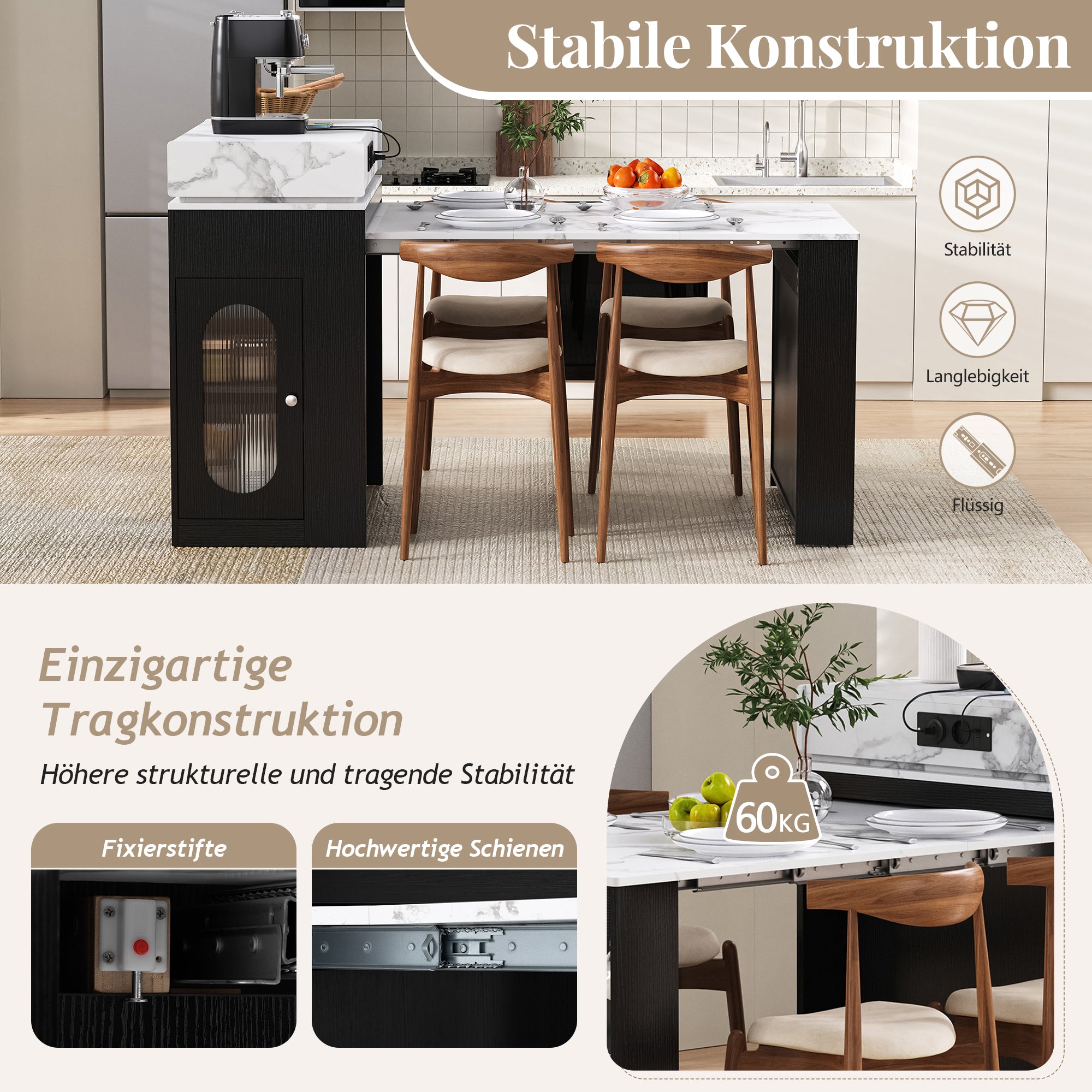 Kitchen Island Mobile Extendable Folding Table Power Strips - Black