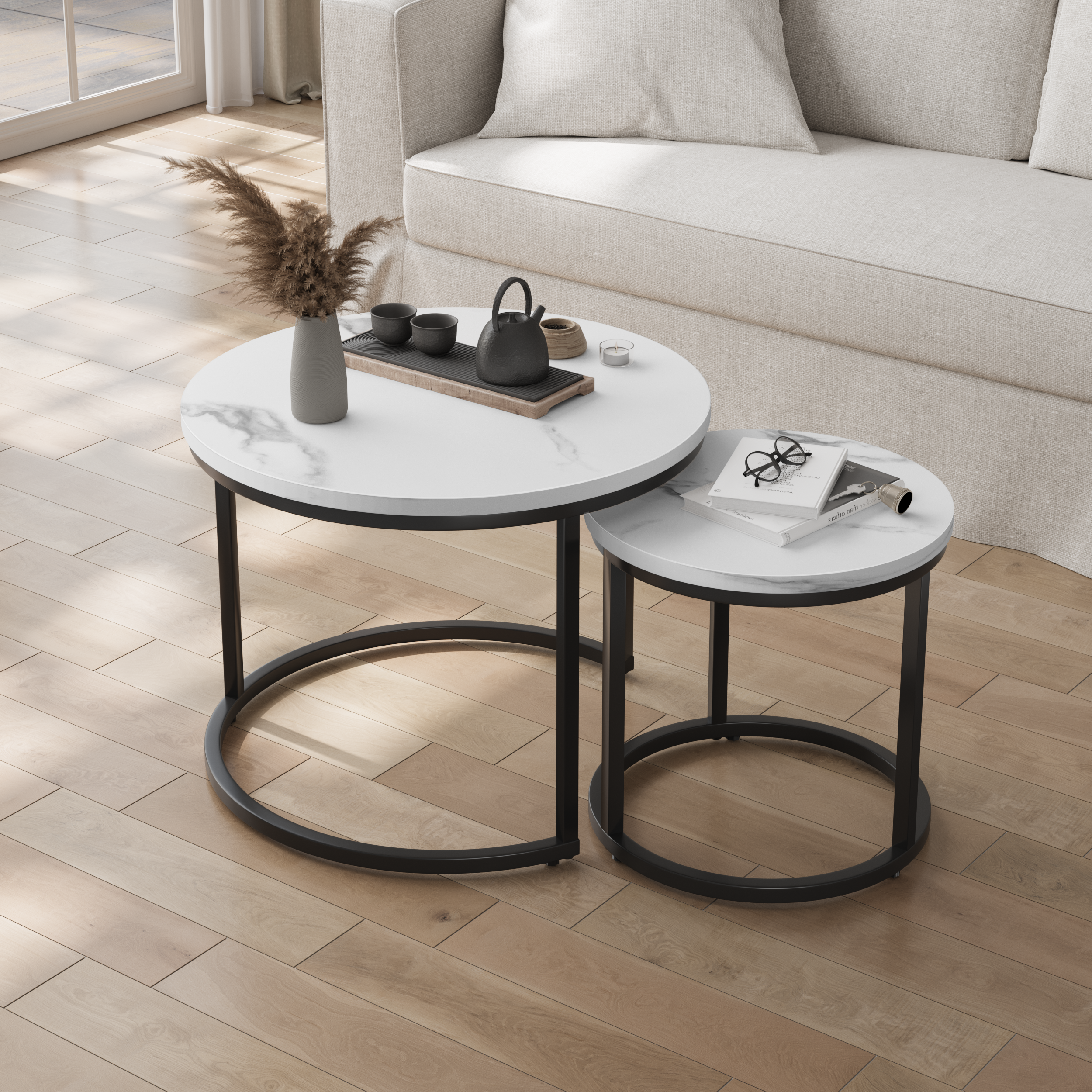 Nested coffee table 2 piece set, 60cm metal frame round modern, white