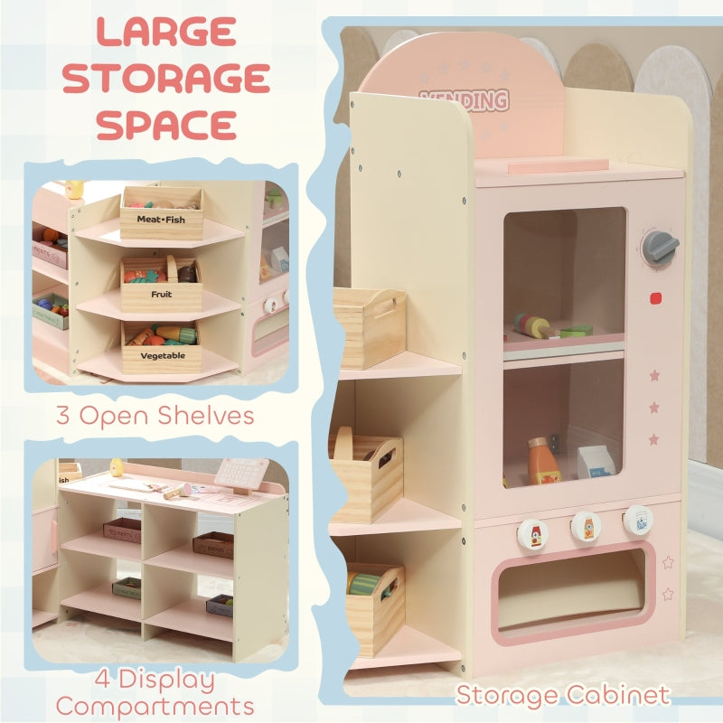 Kids Grocery Store Playset with Cash Register, Vending Machine, and Display Shelves, Pink MDF
