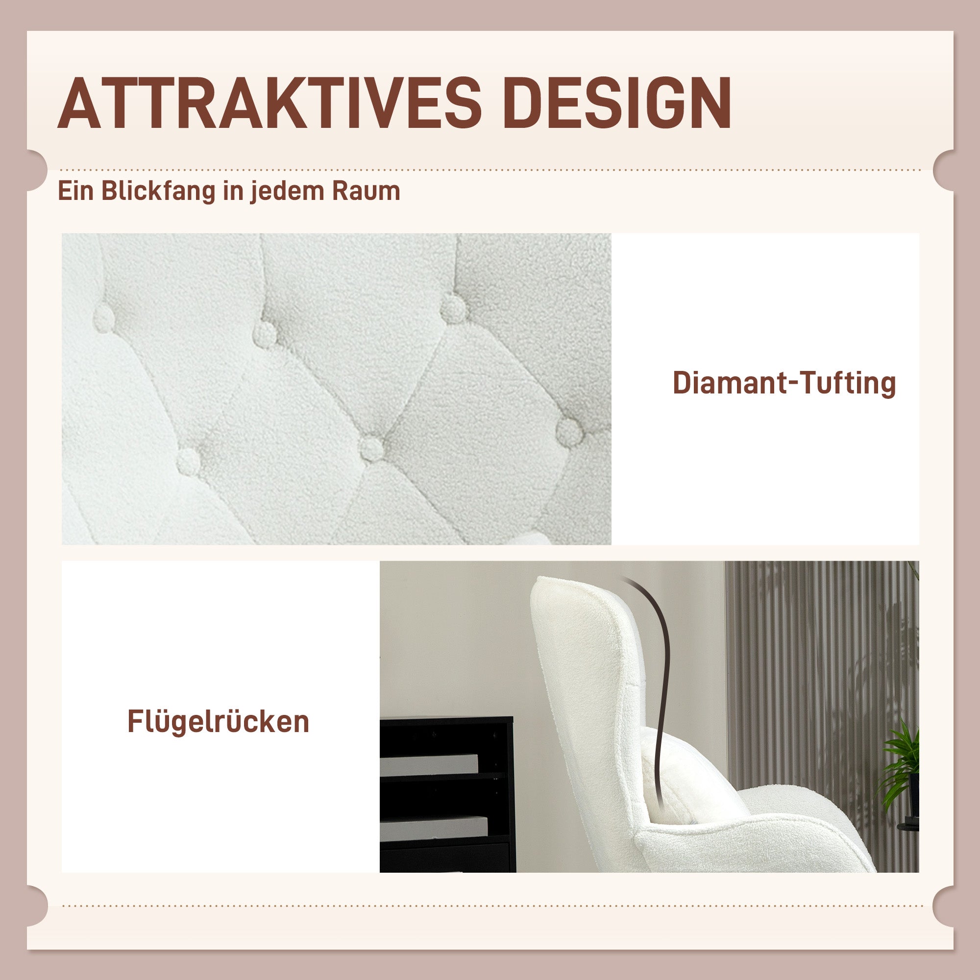 Armchair Lounge Chair, Padded Teddy with Lumbar Cushion, Wooden Legs, White