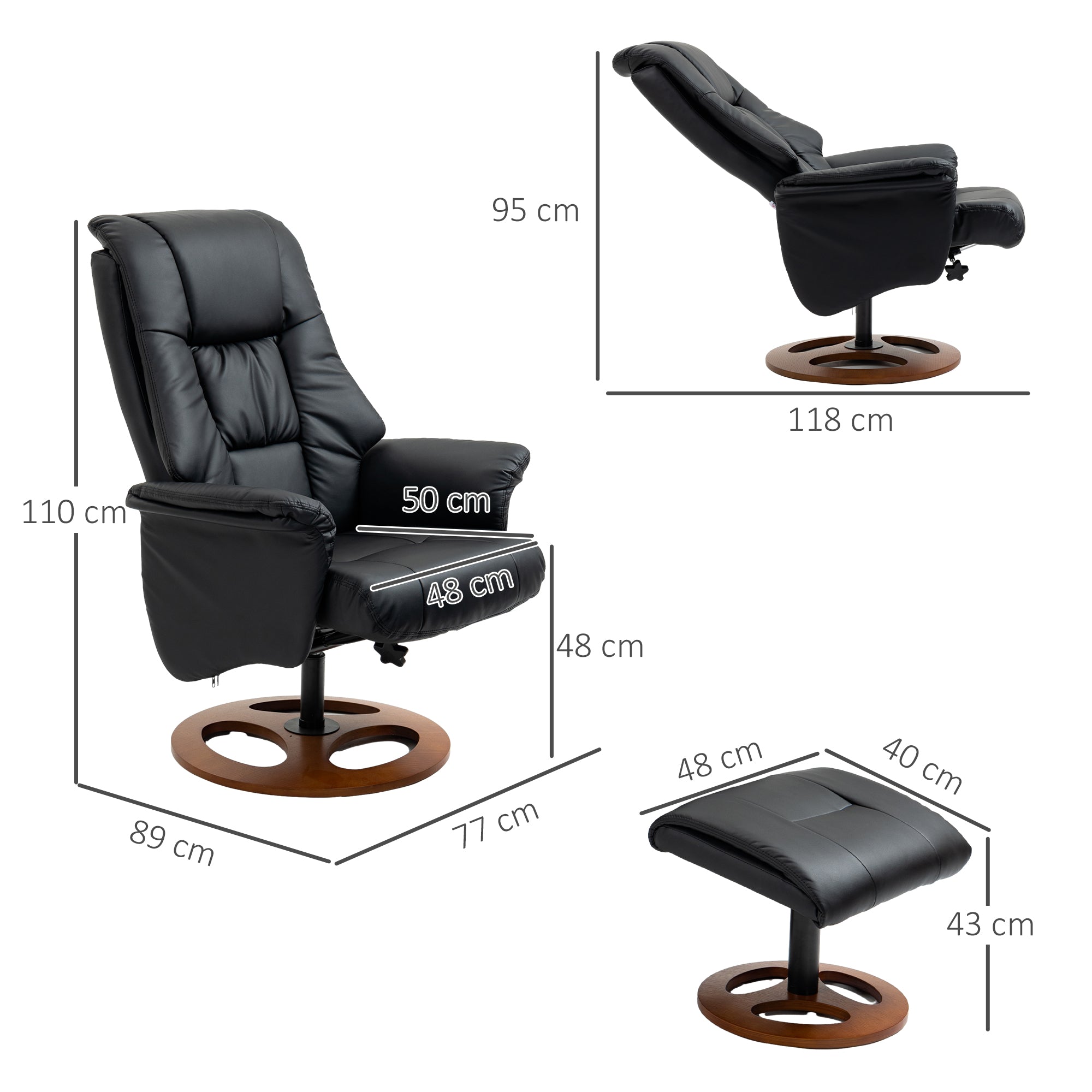 Reclining Armchair with Footstool, Electric 130° Reclining TV Function, Black Faux Leather