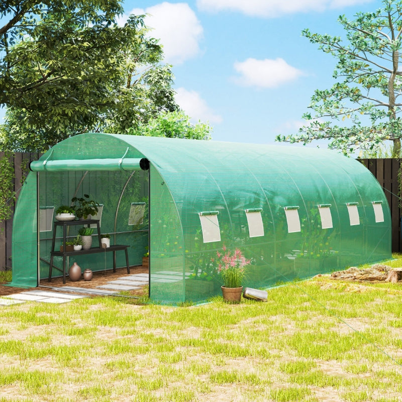 Polytunnel Greenhouse Walk-in Steel Frame Roll-up Doors - Green