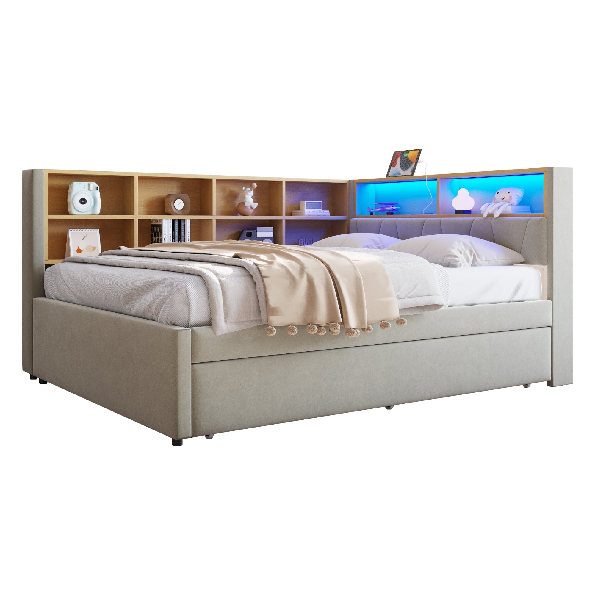 Sofa Bed 140x200, Pull-out Bed 90x190, LED Lights, Storage, Upholstered, Flannel, Light Gray