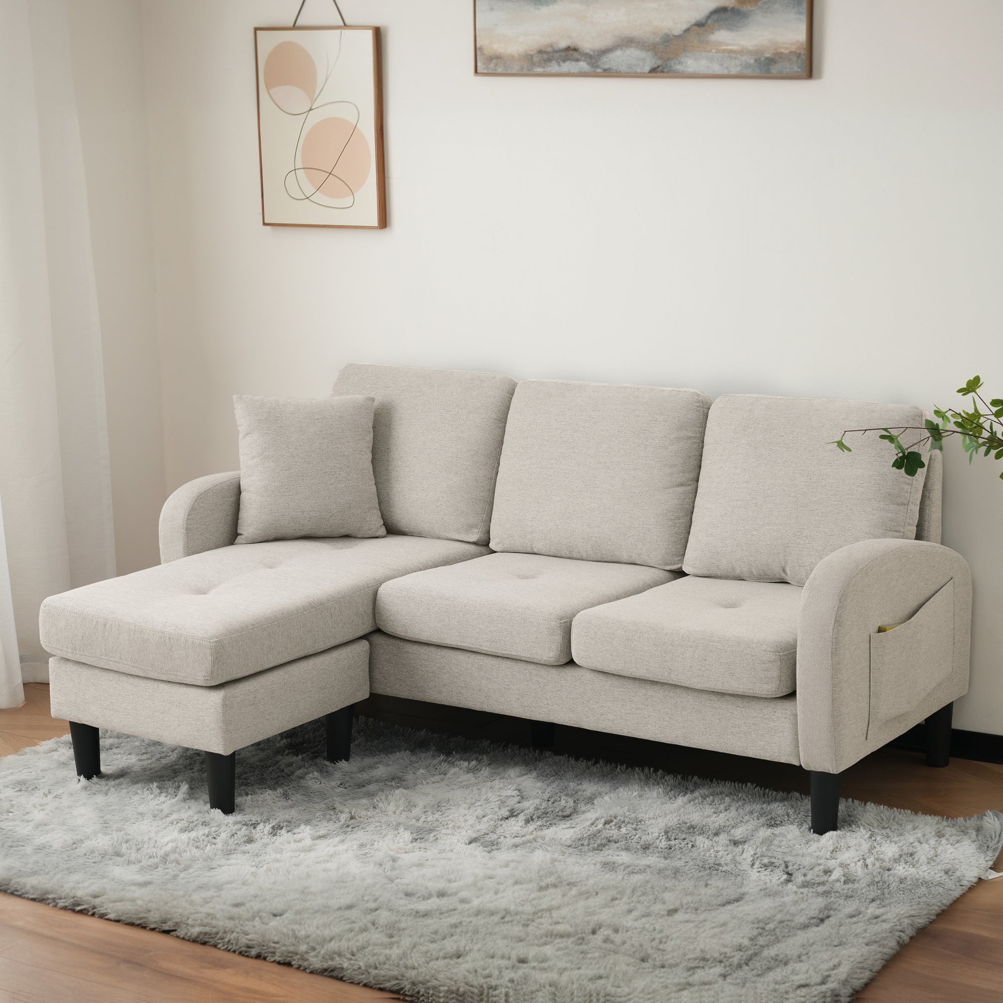 L-shaped Corner Sofa 3-Seater Chaise Modular - Cotton-Linen
