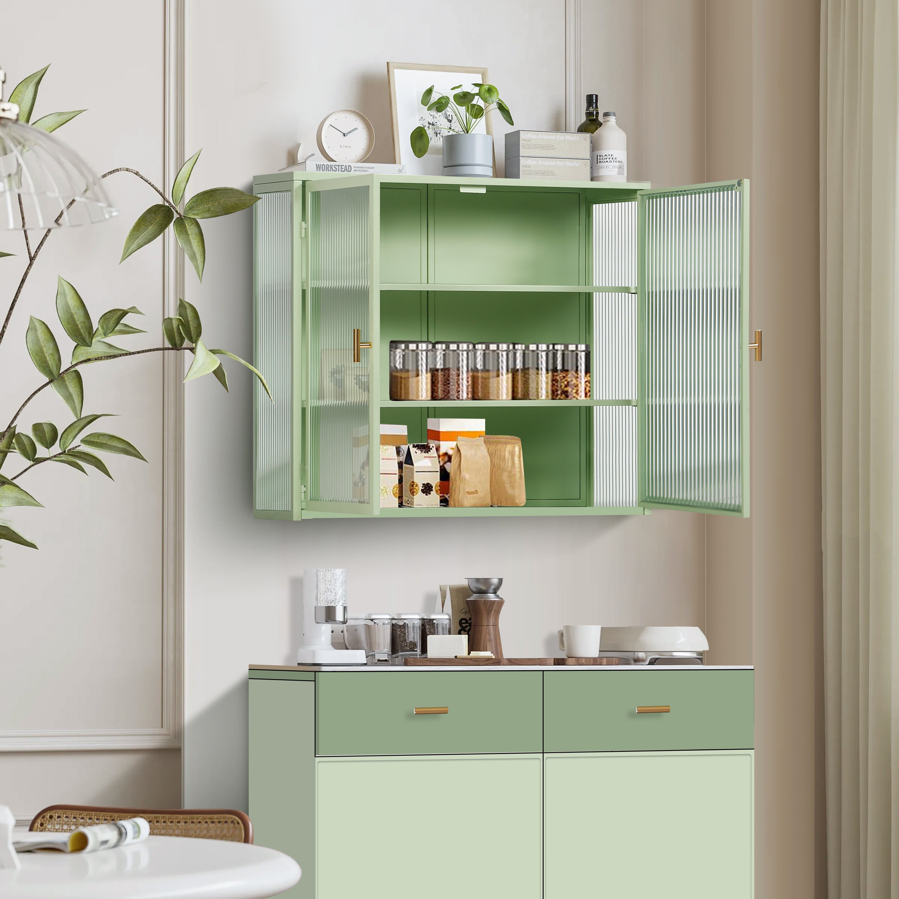 Wall Cabinet, 70CM Modern Two-Door with Three-Tier Storage, Glass Doors (Green)