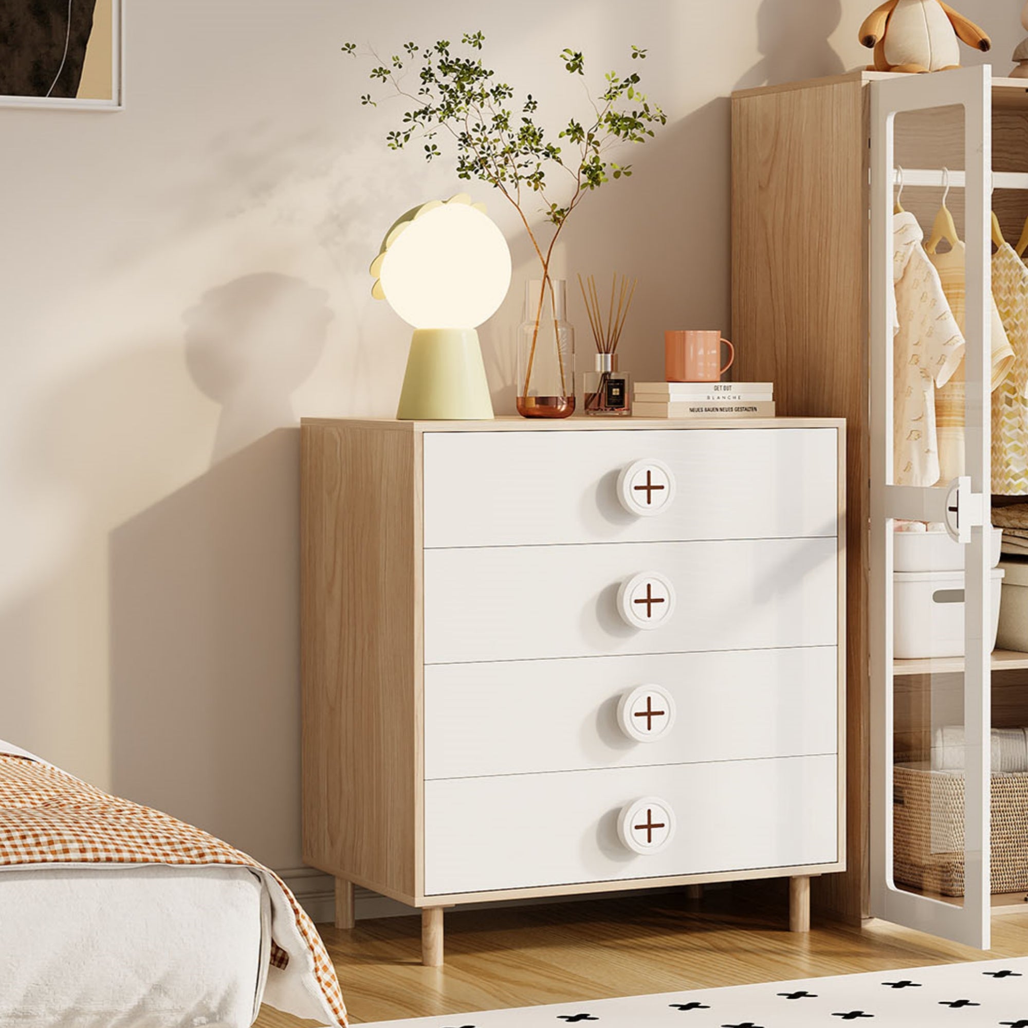 Nightstand/Chest of Drawers 4-Drawer Storage Cabinet Lacquered Panel White