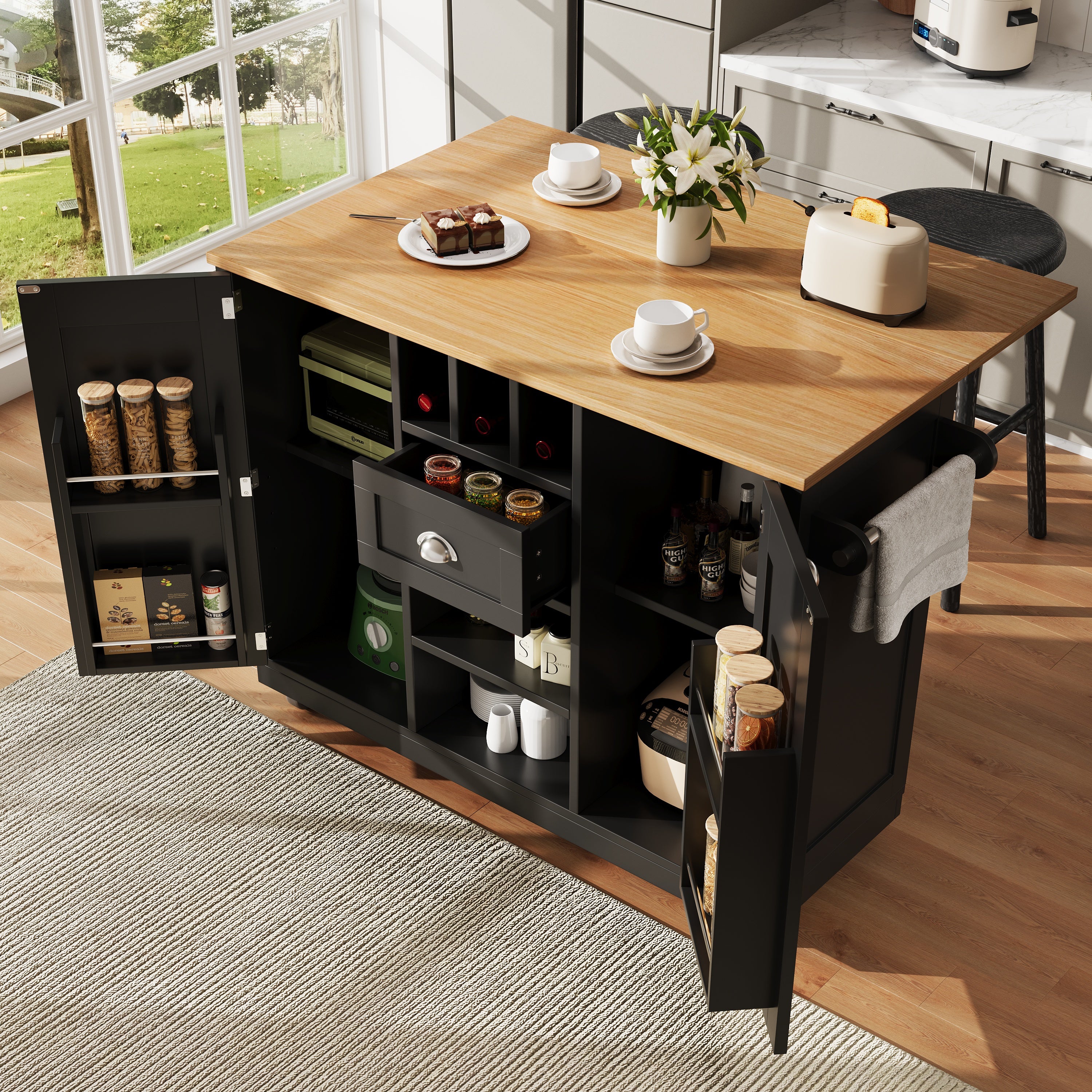 Kitchen Island Dining Trolley with Wine Rack and Casters, Black Wood Grain