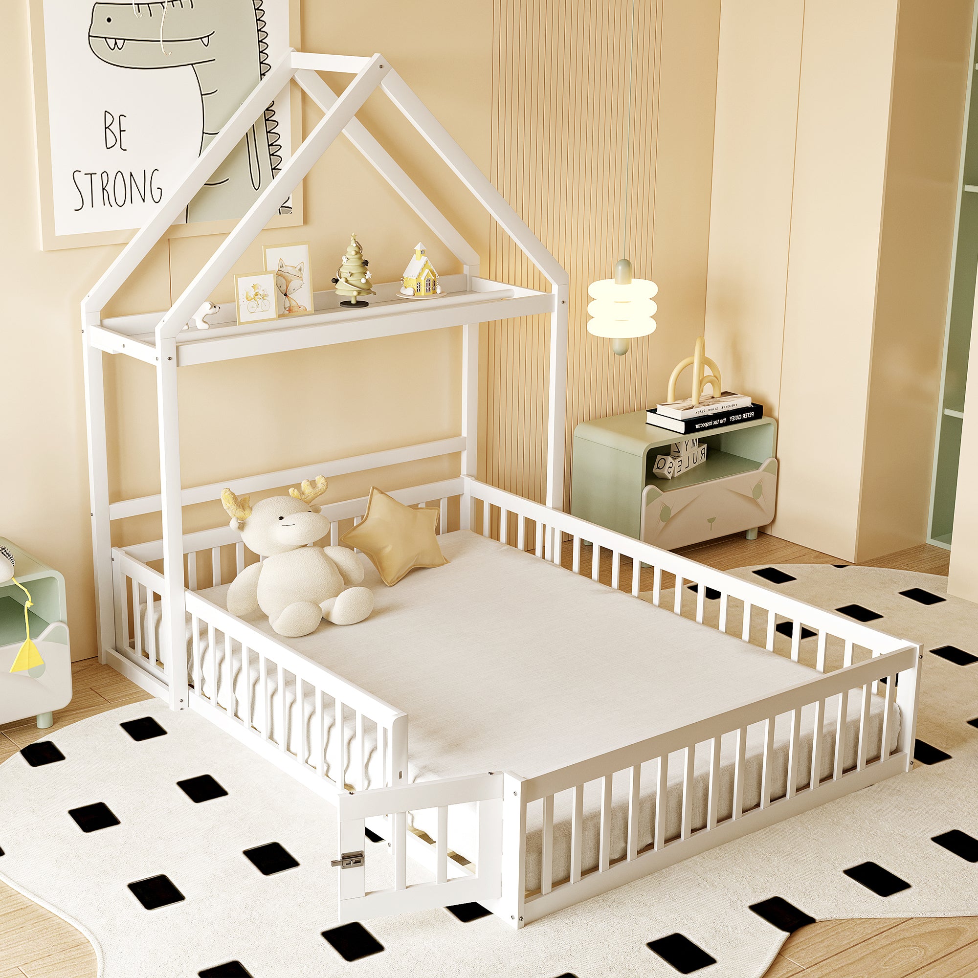 Children's Bed 140x200, Solid Wood Frame with Storage & Safety Gate, White