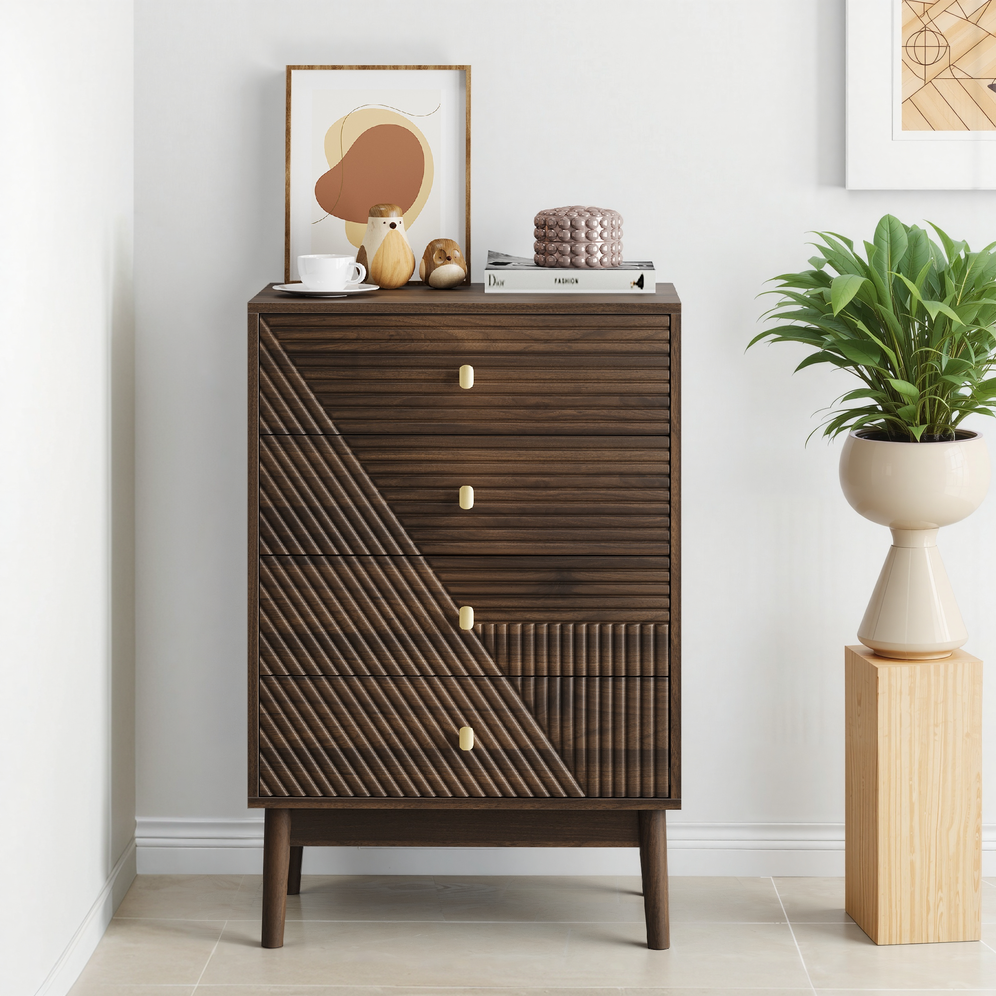 Chest of Drawers Modern 4-Drawer Wooden Storage Cabinet Walnut