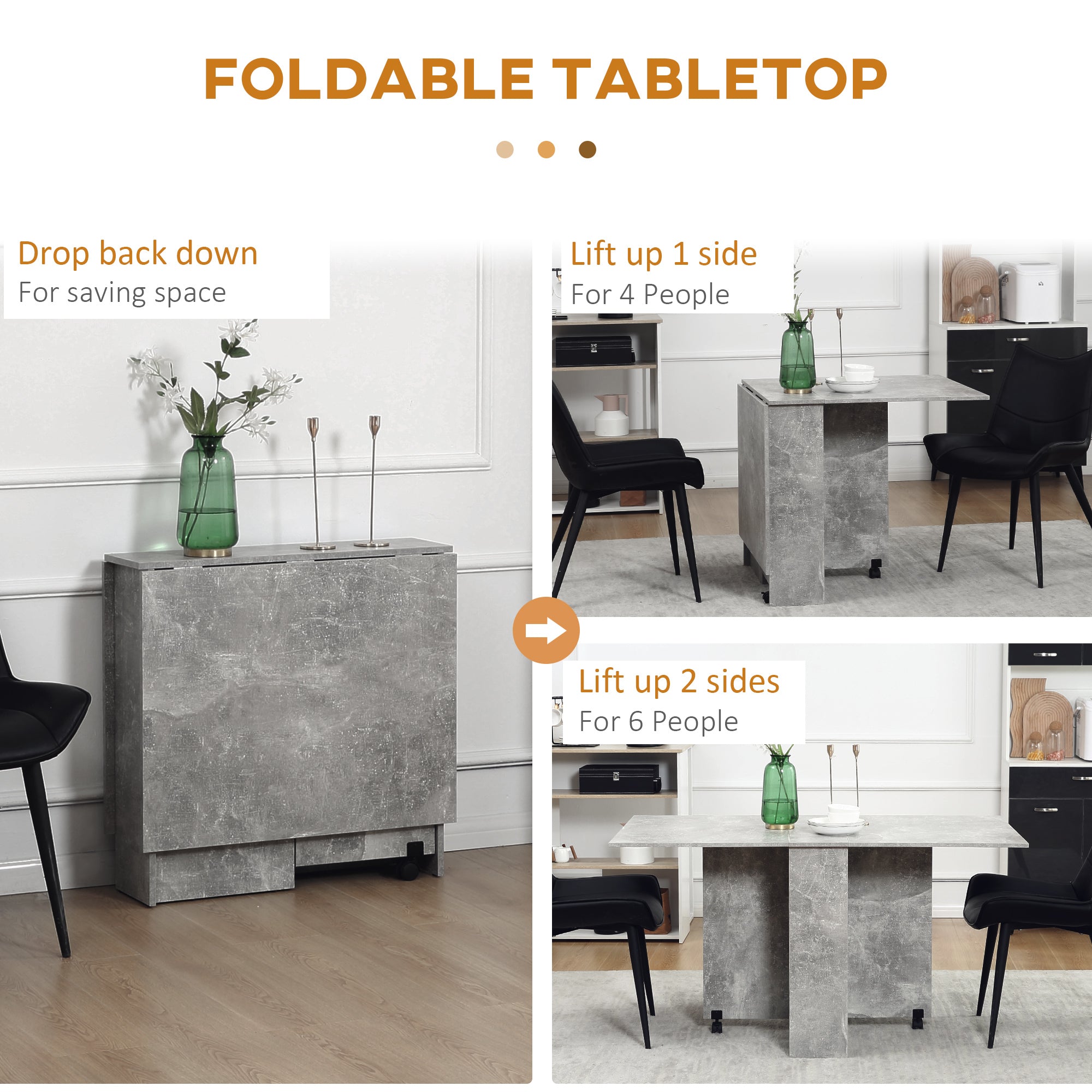 Folding Dining Table, Drop Leaf with 2-Tier Shelves & Casters, Cement Grey