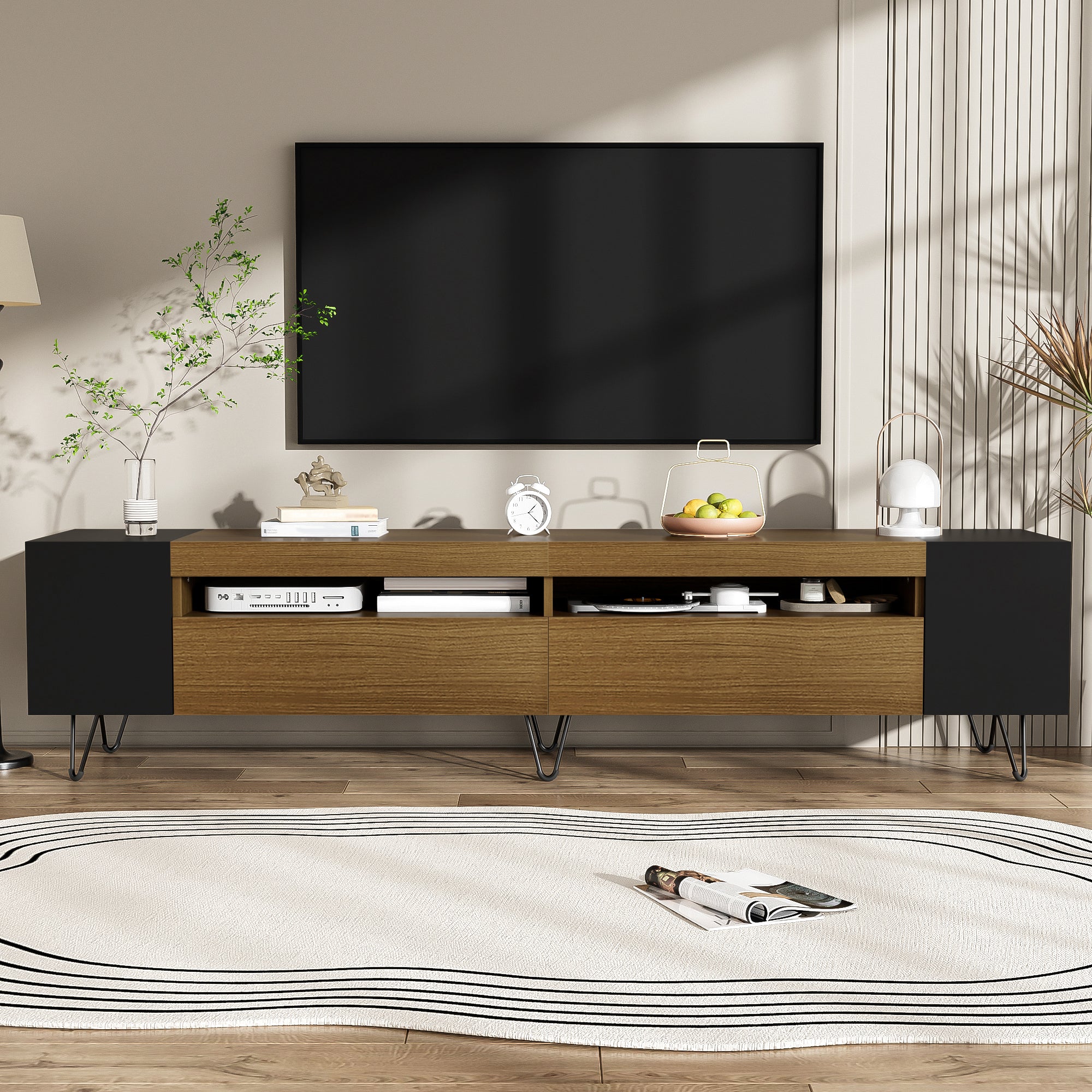Modern TV Cabinet 180cm, Black and Wood Look