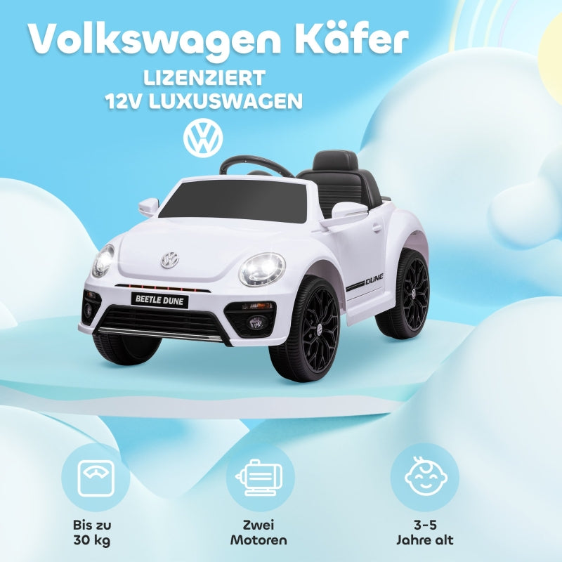 AIYAPLAY Electric Ride-On Car, VW Beetle, 3-5 km/h, with remote control and music, white