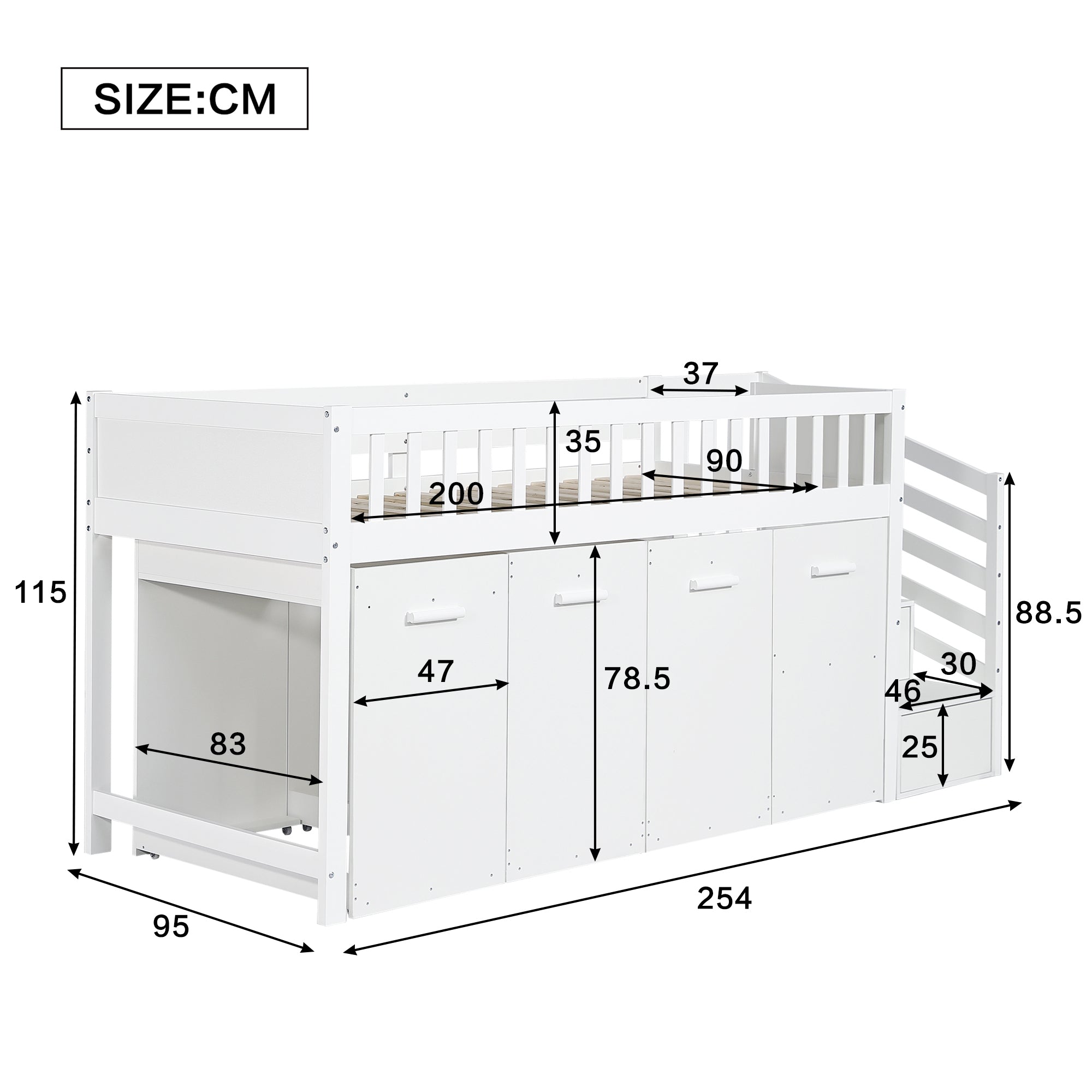 Bunk Bed, Multifunctional Children's with Desk, Wardrobe, Lockers, Pine + MDF White