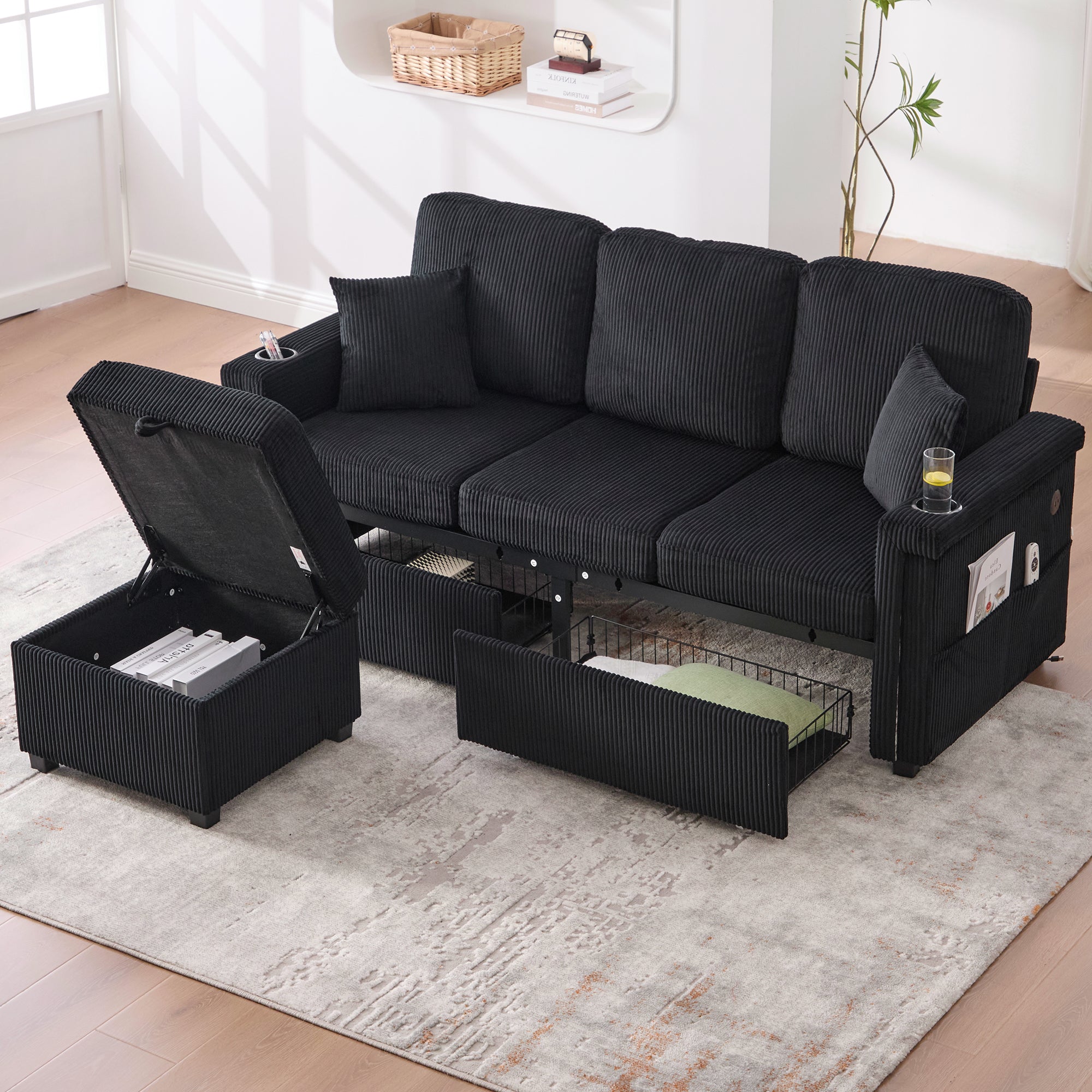 Velvet Sofa with LED & USB-C, Storage Footrest, Cup Holders, Black