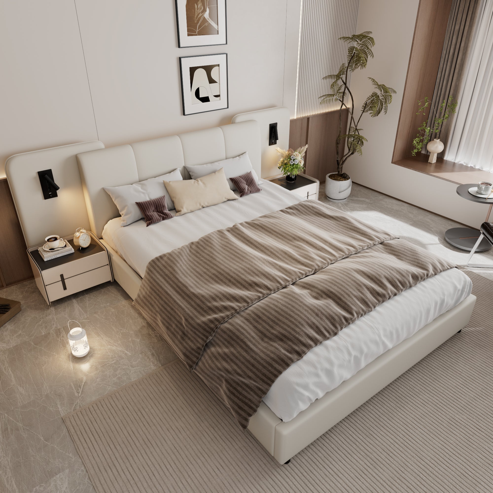 Upholstered Bed with Charging Port and Lighting, 4ft6 Double 135x190cm, Soft Sponge Headboard Backrest, Anti-collision Sponge Filling, PU + Plywood, Beige