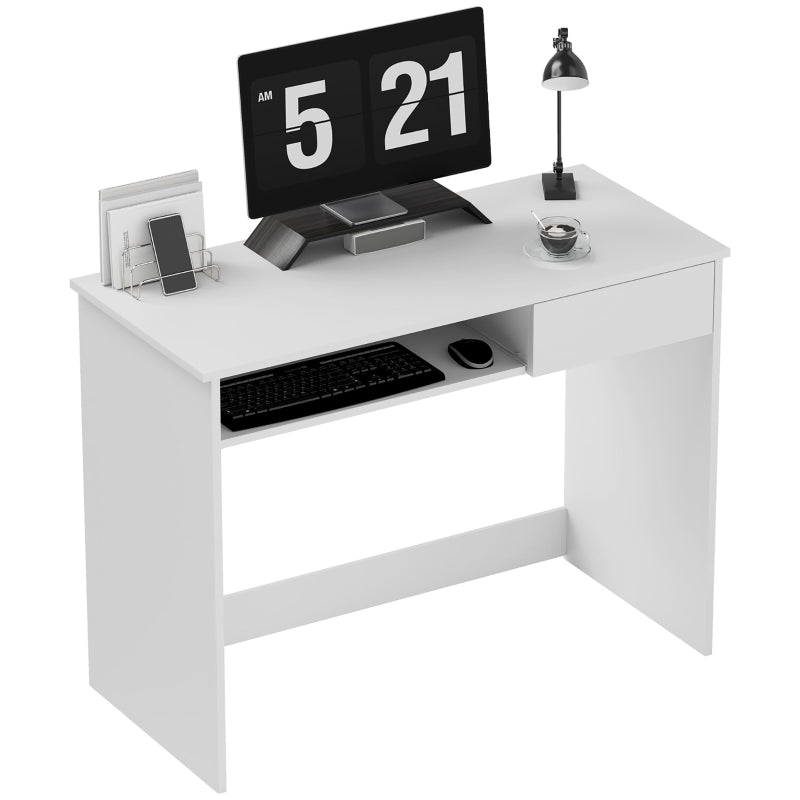 Computer Desk Compact 100cm with Keyboard Tray and Drawer, White