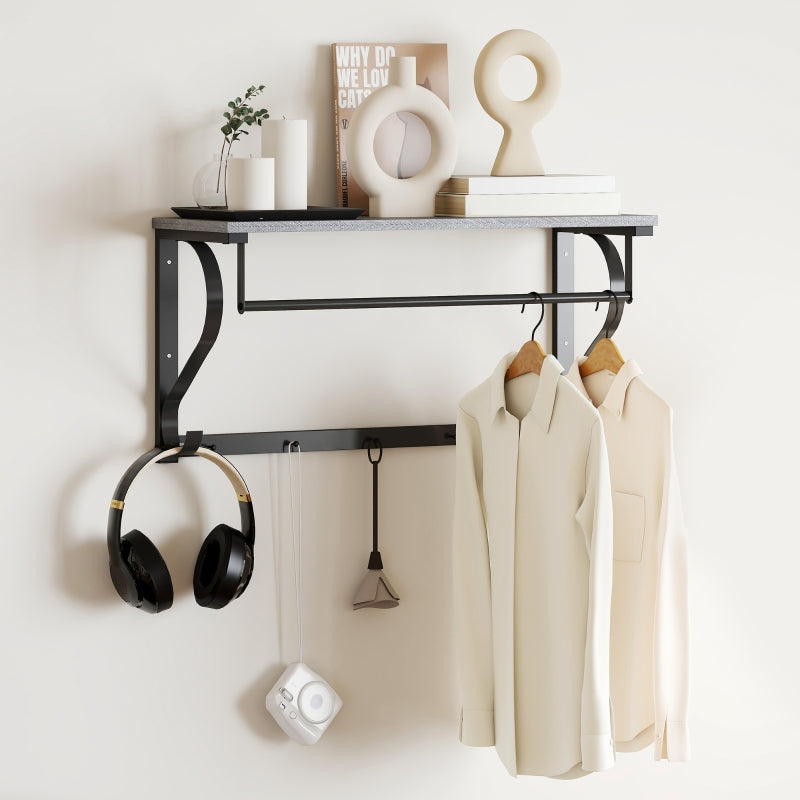 Wall-Mounted Clothes Rack, 5 Hooks with Top Compartment, Grey