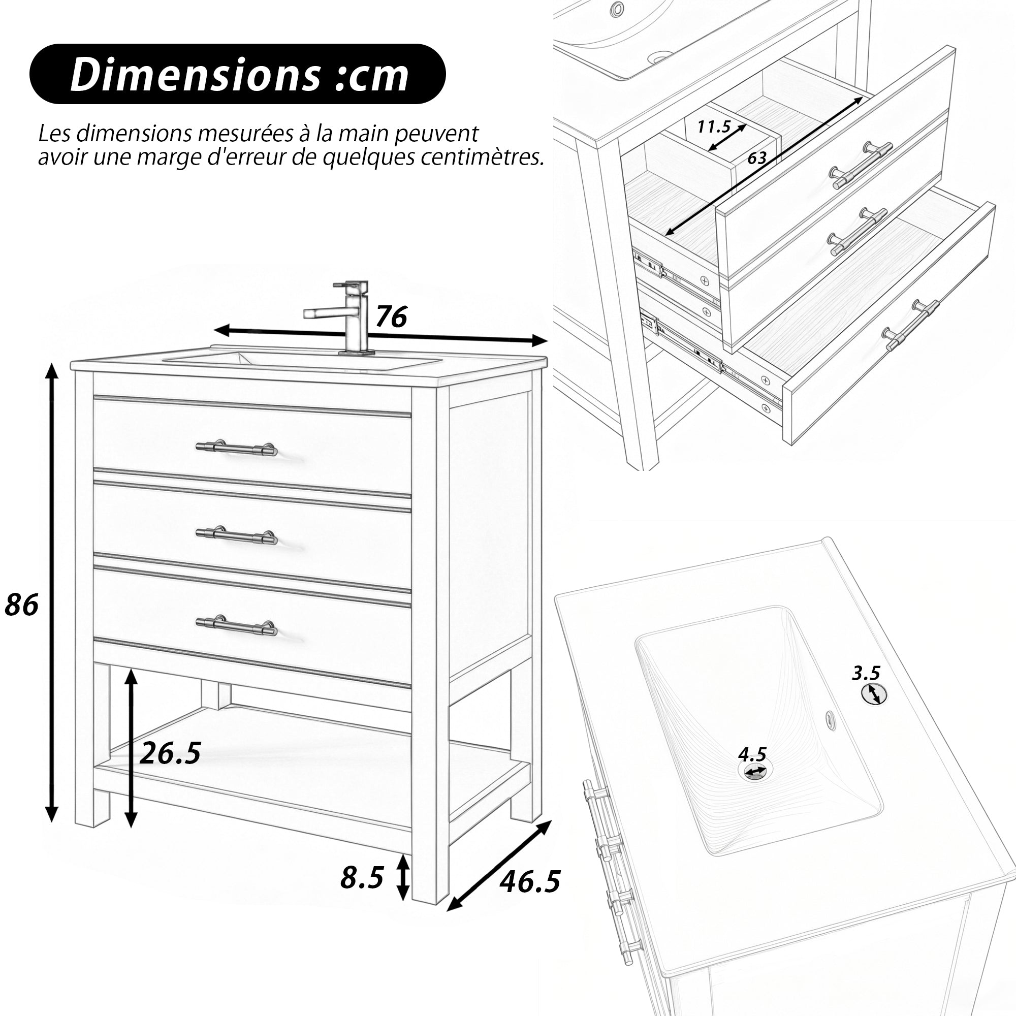 Bathroom Vanity Unit with Ceramic Basin and 2 Drawers, White and Gold