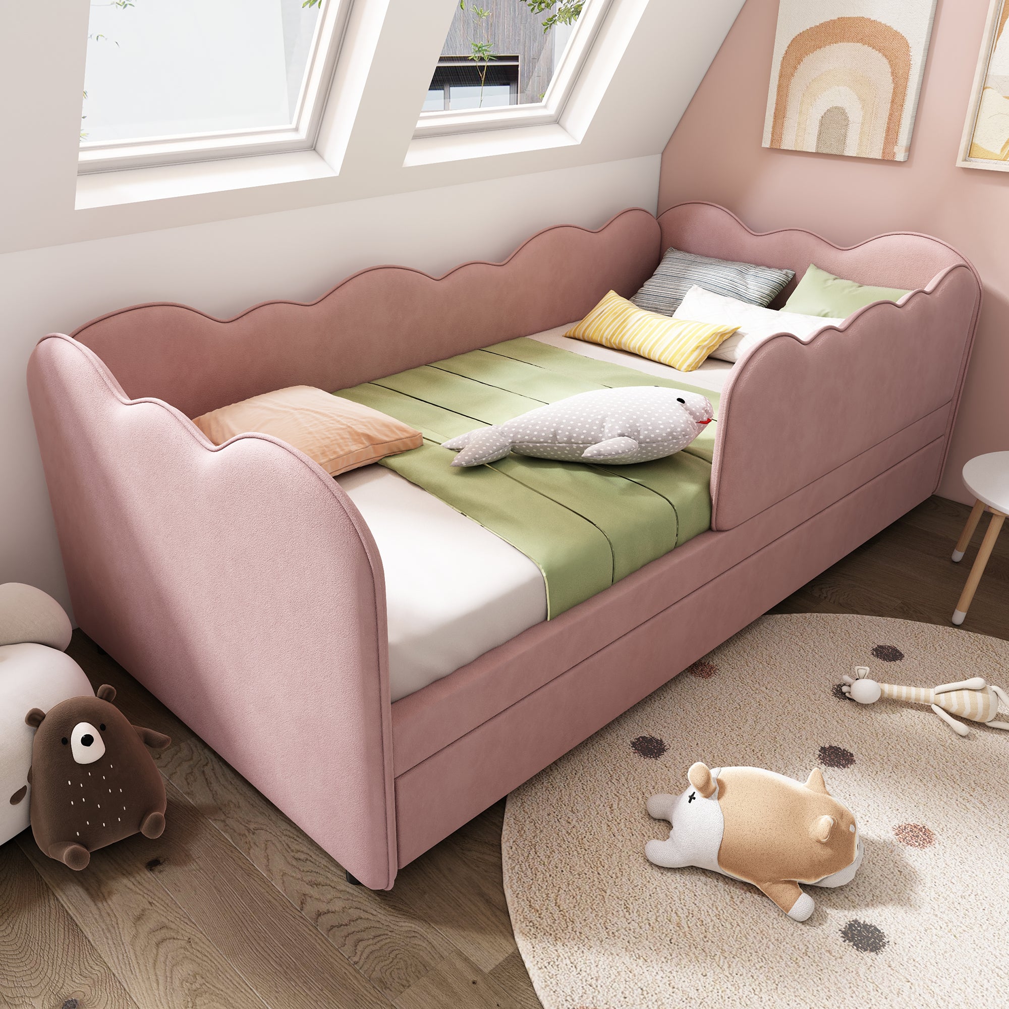 Upholstered Bed Daybed 90x190cm 3FT Single with Pull Out Trundle and Slatted Frame, Velvet Pink