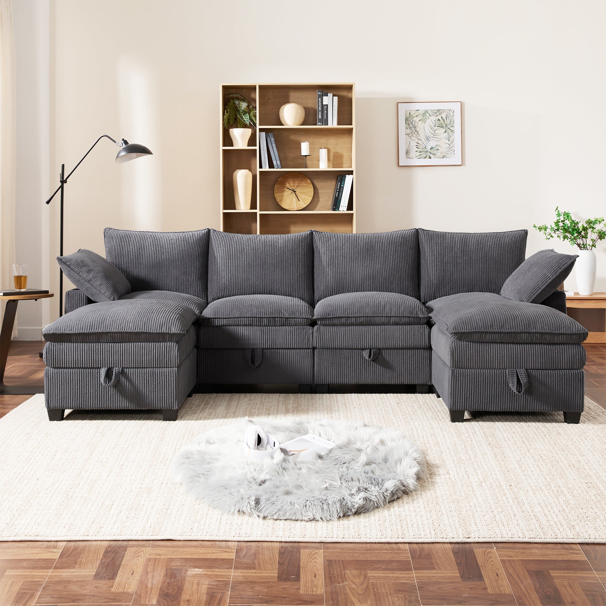 Modern L-shaped Sofa Modular Storage USB Footstool Gray Corduroy