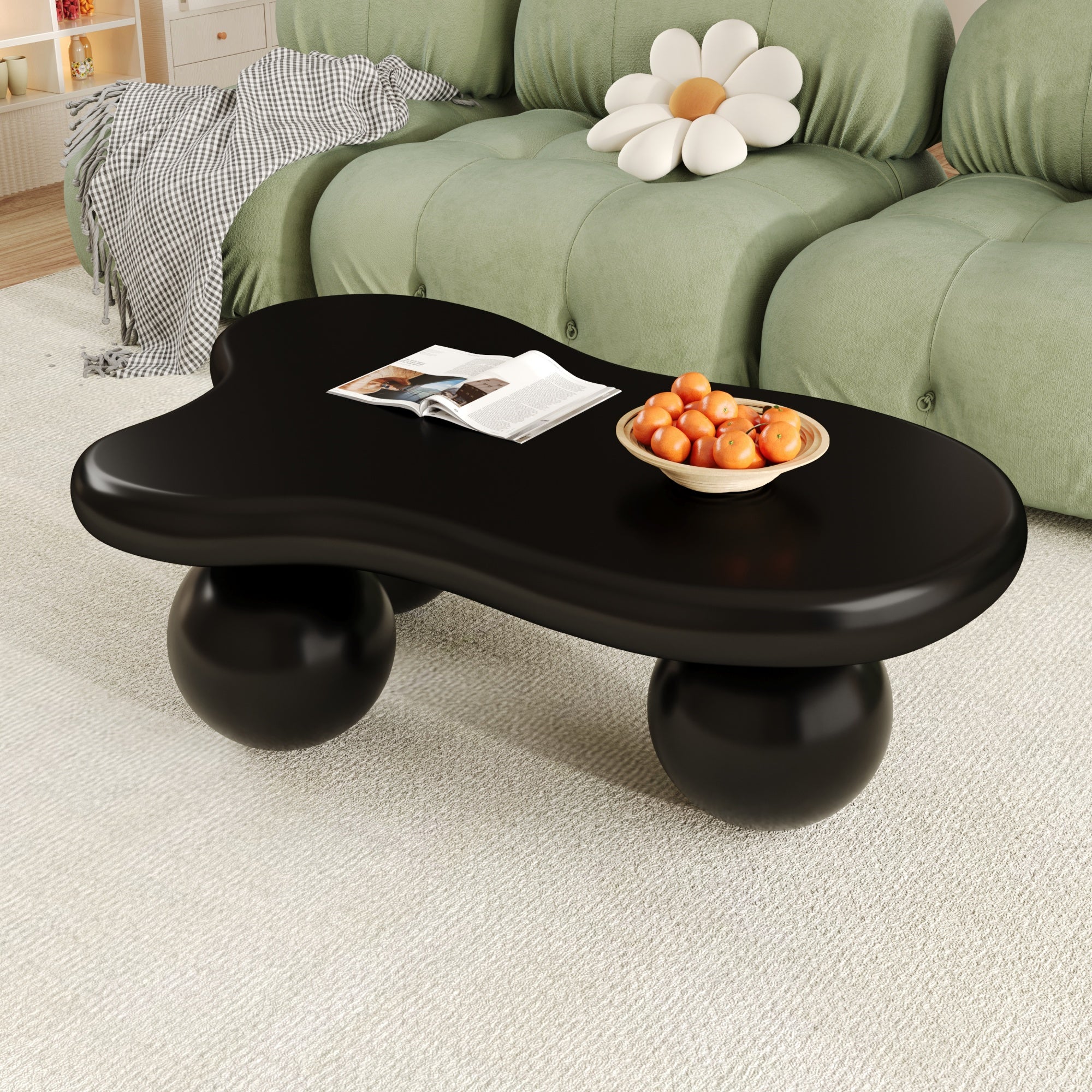 Coffee Table, Cloud-Shaped with LED Lighting & Round Legs, Black