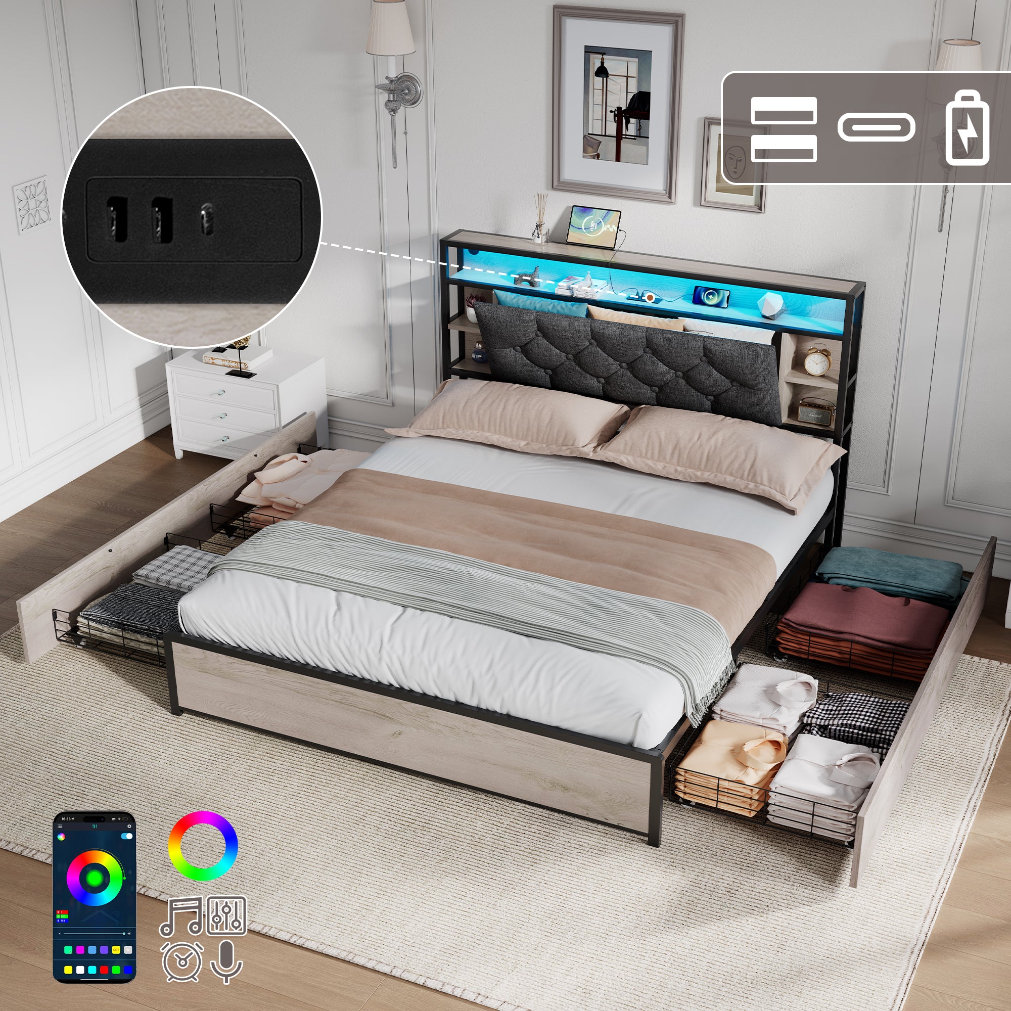 4ft6 Double Bed with Storage, LED Lighting, Grey Linen