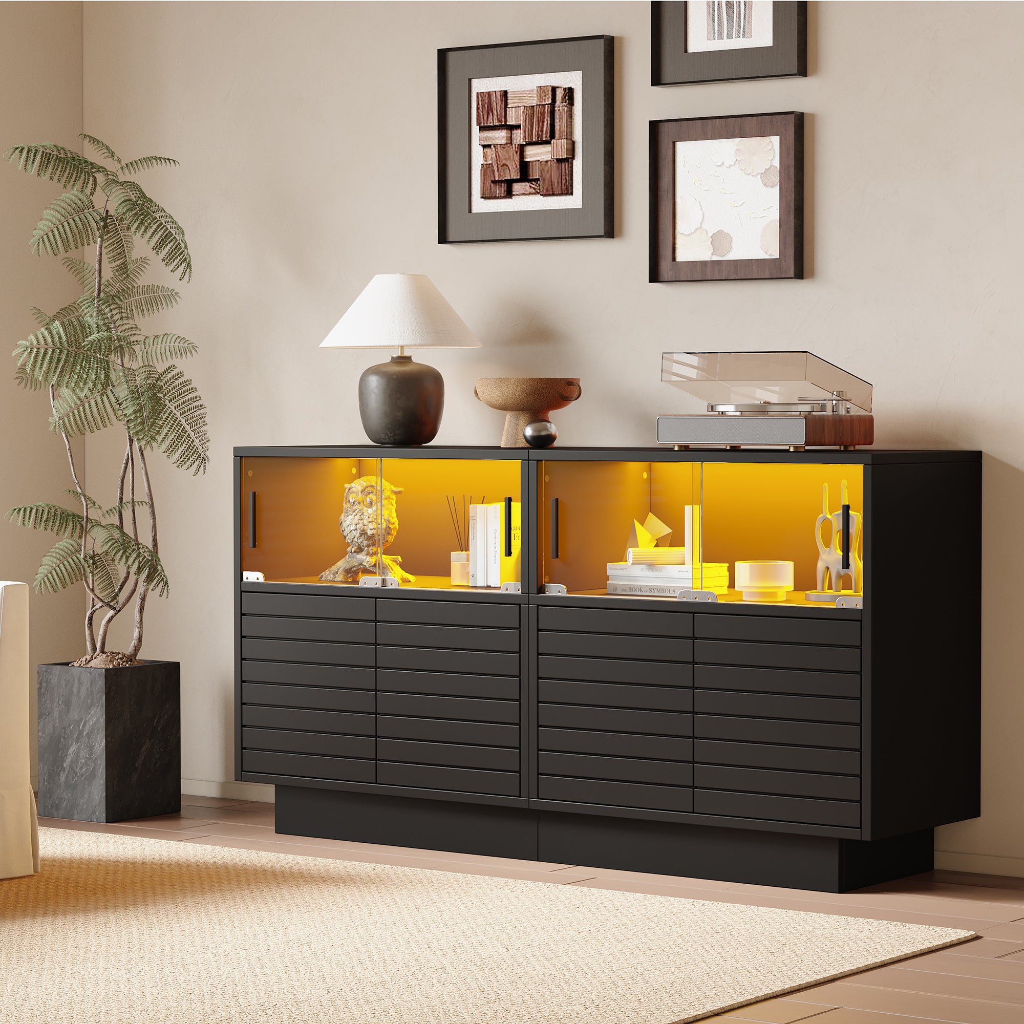 Sideboard, 130cm Glass Door Cabinet with LED Light, Modern Highboard