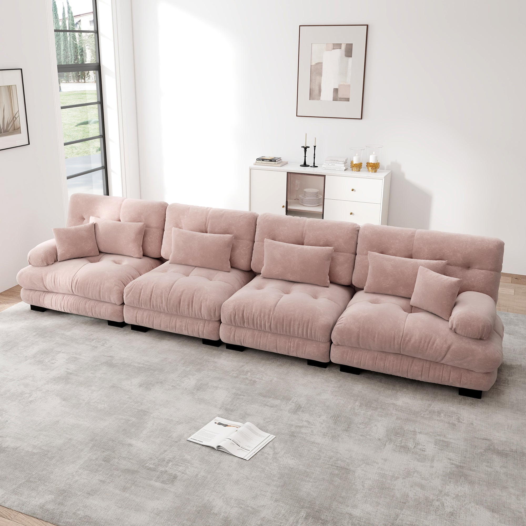 4-Seater Modular Corner Sofa, Deep Seat Sofa Bed, Chenille Pink