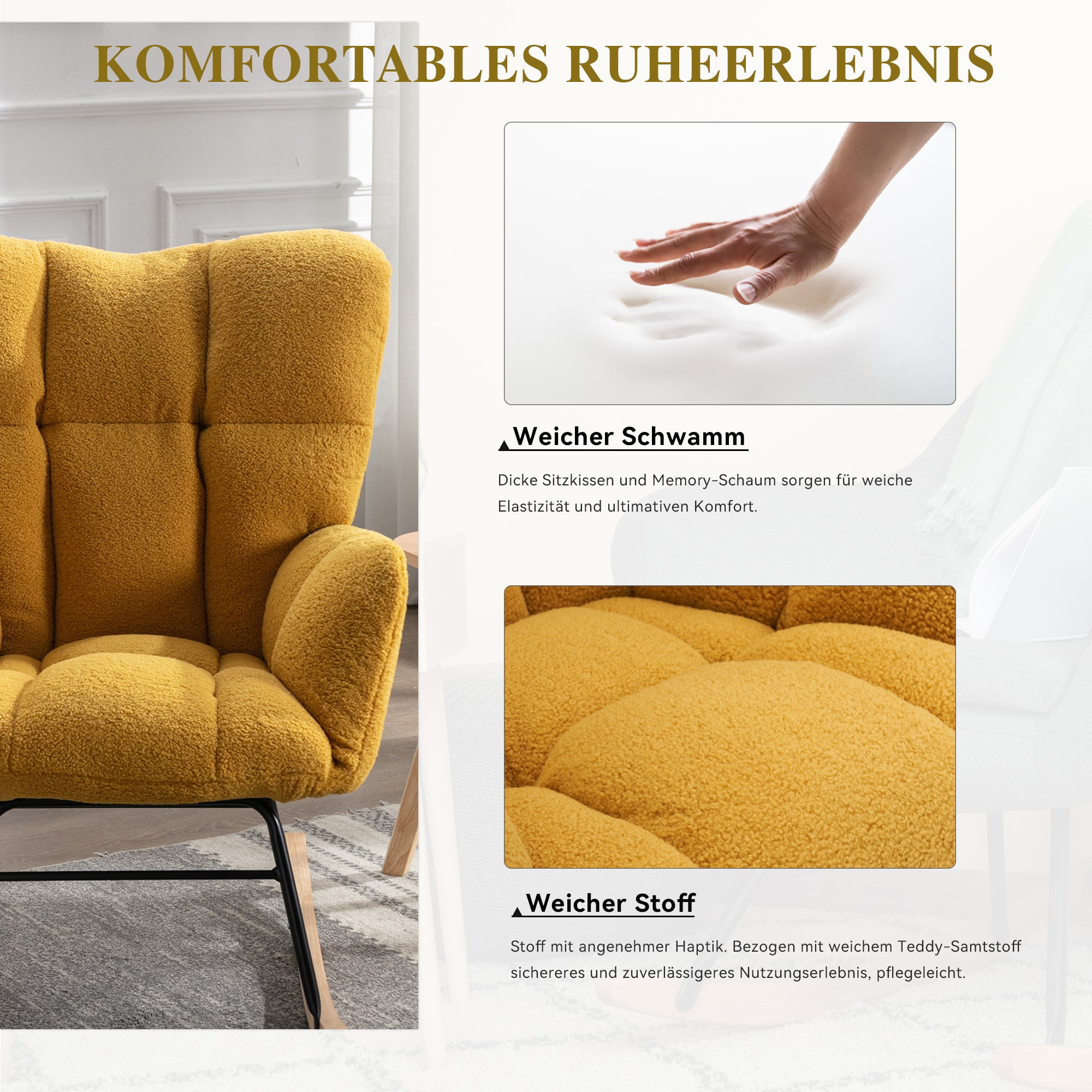 Mid Century Modern Rocking Chair with Tufted Cover, Padded Seat, Teddy Fabric, Yellow