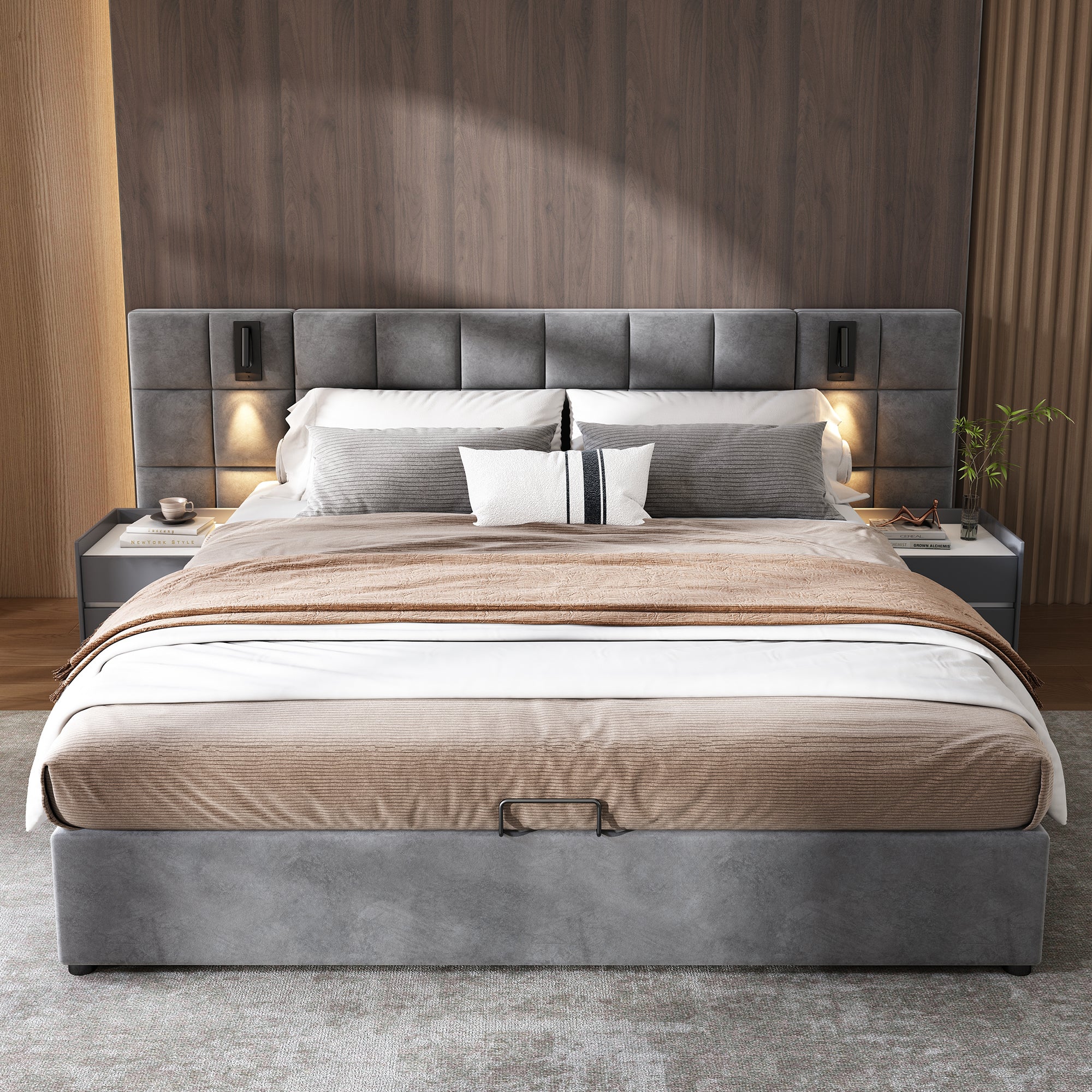 Upholstered Bed, King Size 5ft Hydraulic Storage with Lamp & USB Charging, Velvet Grey
