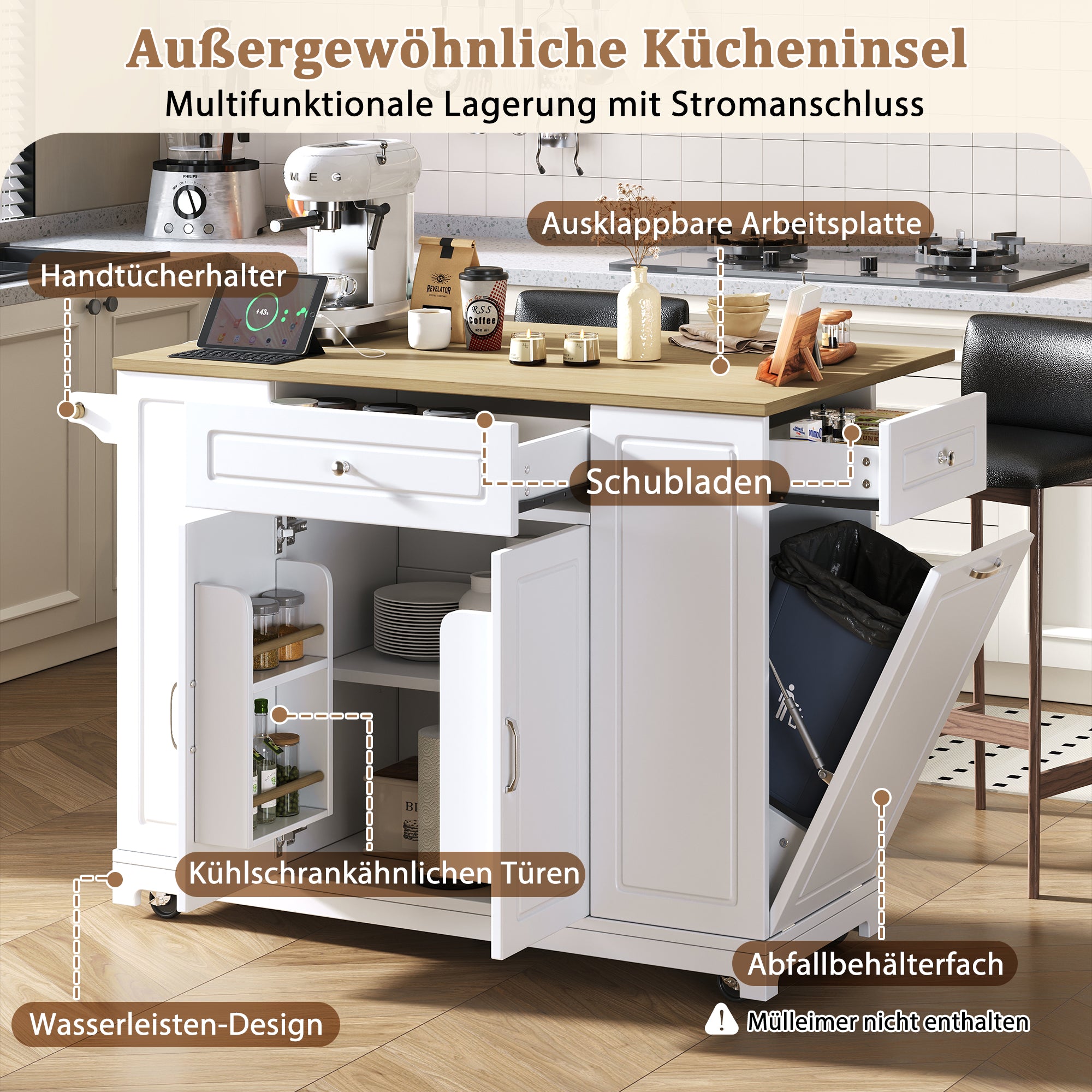 Mobile Kitchen Island Extendable Dining Storage Drawers Waste Bin - White