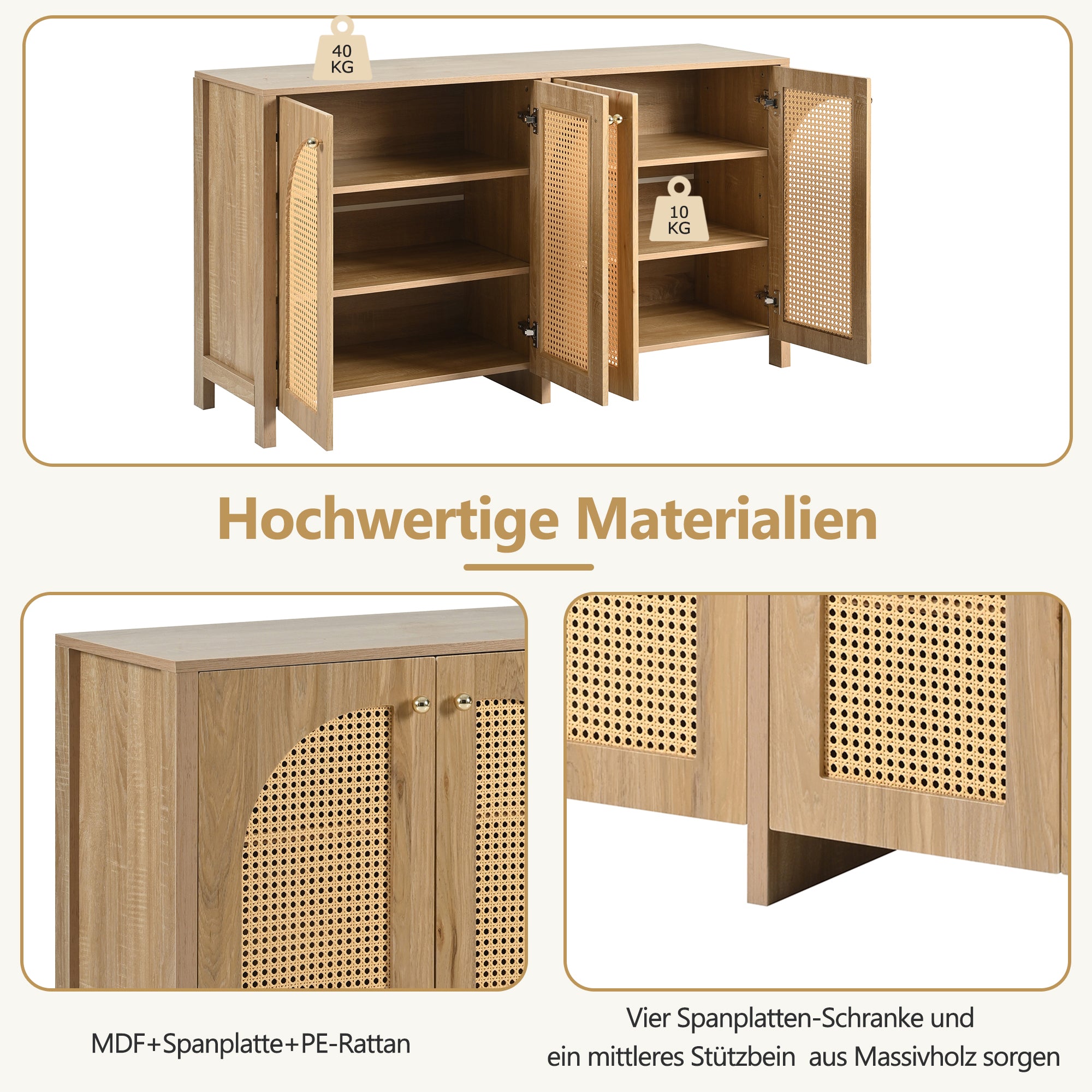 Sideboard, Minimalist with 4 Rattan Doors & Metal Handles, Natural Wood