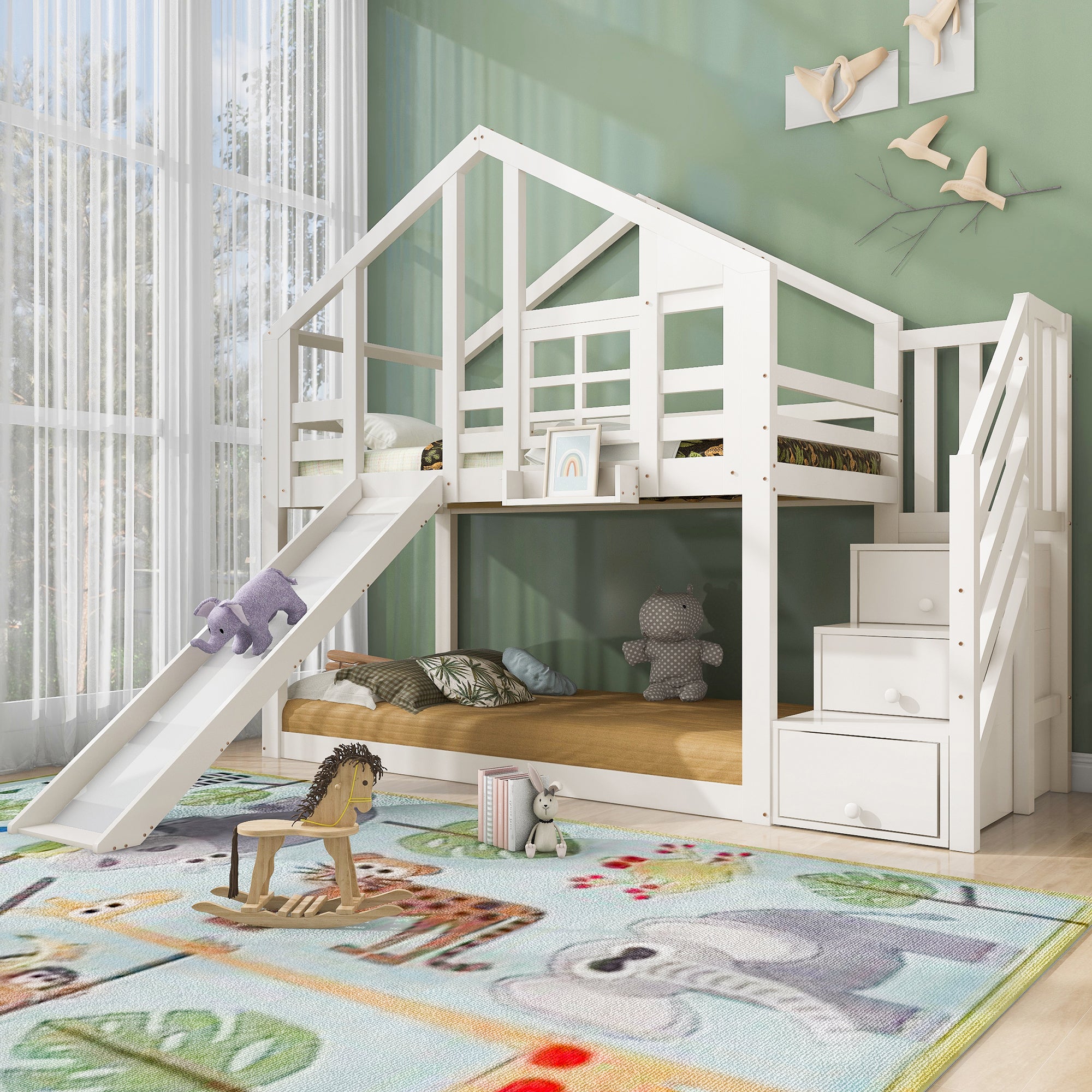 Children's Treehouse Bunk Bed 90x200cm Window Design Slide Fall Protection White